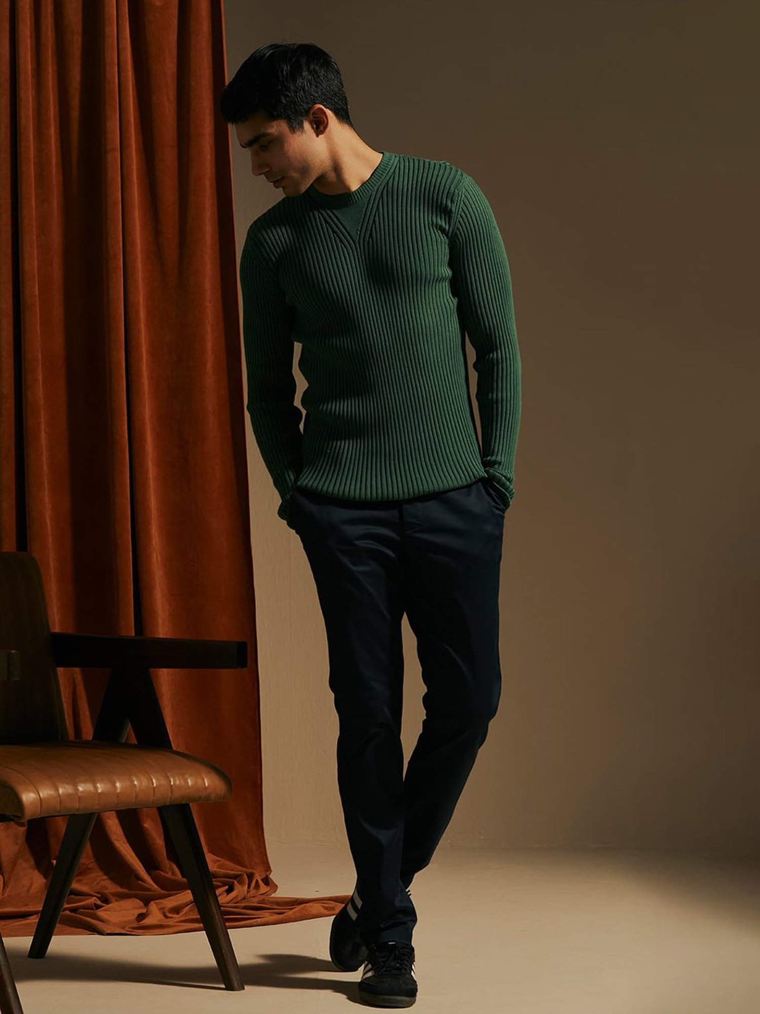 ANDAMEN Green Regular Fit Striped Cotton Sweater