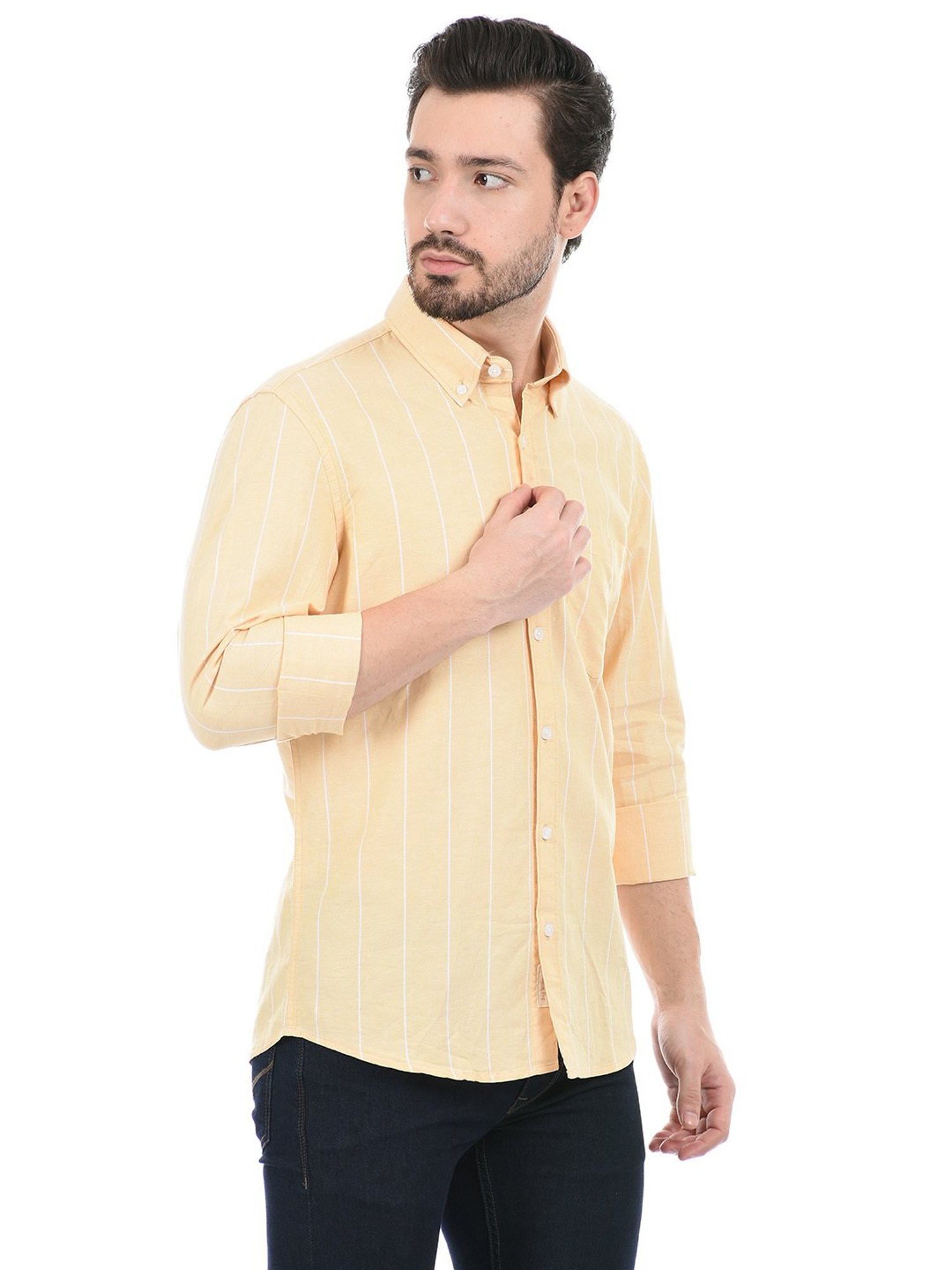 London Fog Light Yellow Regular Fit Striped Cotton Shirt