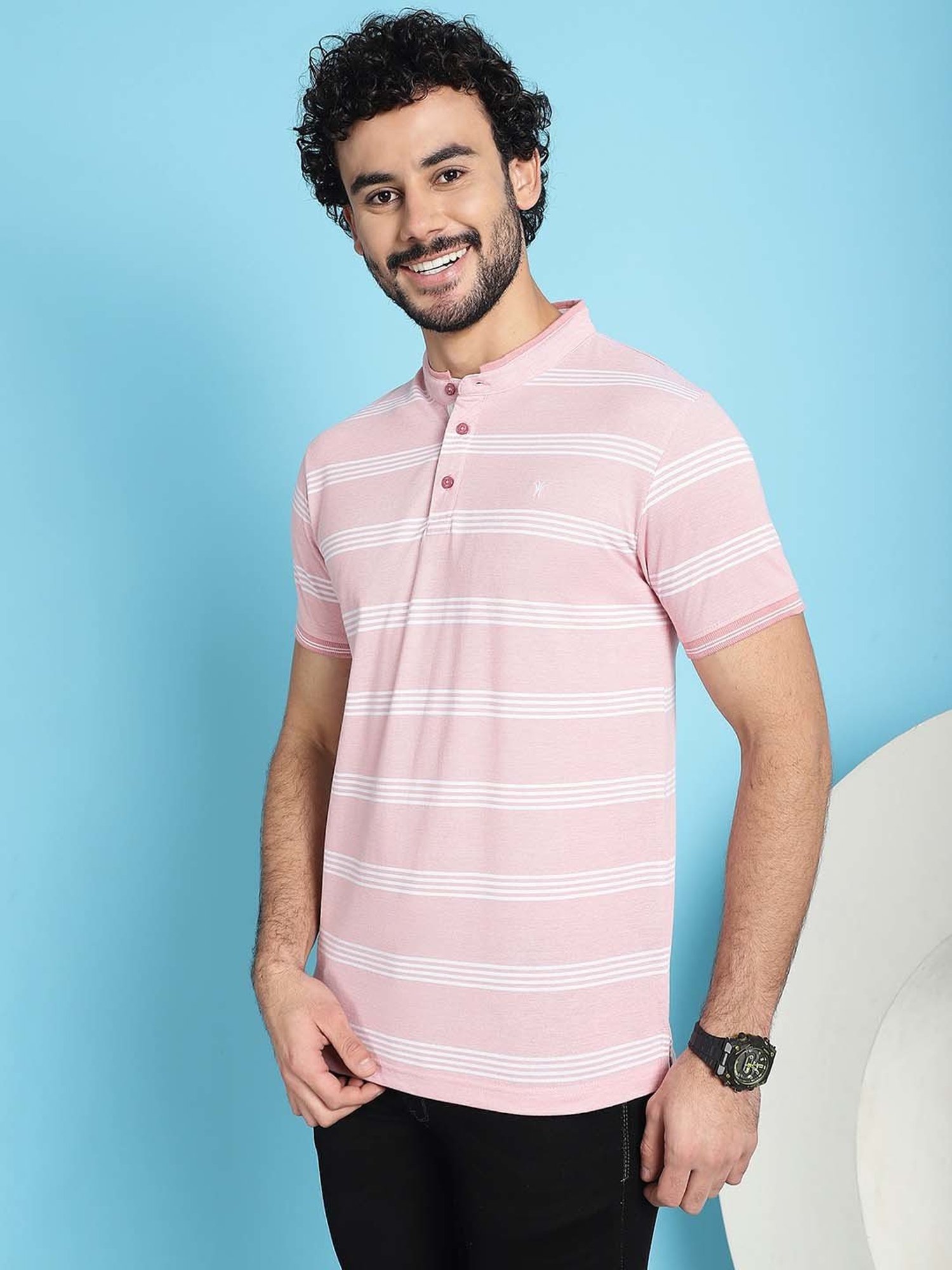 Venitian- Forbidden Clothing Pink Slim Fit Striped Crew T-Shirt