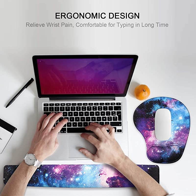 Ergonomic Mouse Pad Wrist Support and Keyboard Wrist Rest Pad Set with Non-Slip Backing Memory Form-Filled, Easy-Typing and Pain Relief for Gaming Office Computer Laptop (Blue Galaxy)