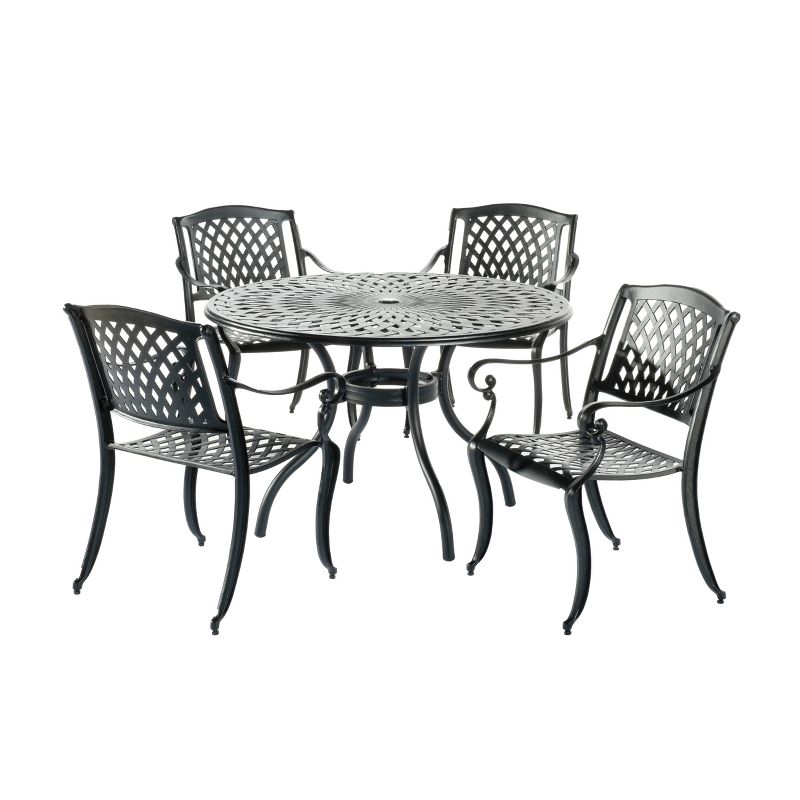 5pc Westbury Cast Aluminum Dining Set with Umbrella Hole Round Table & 4 Stackable Arm Chairs - Alfresco Home