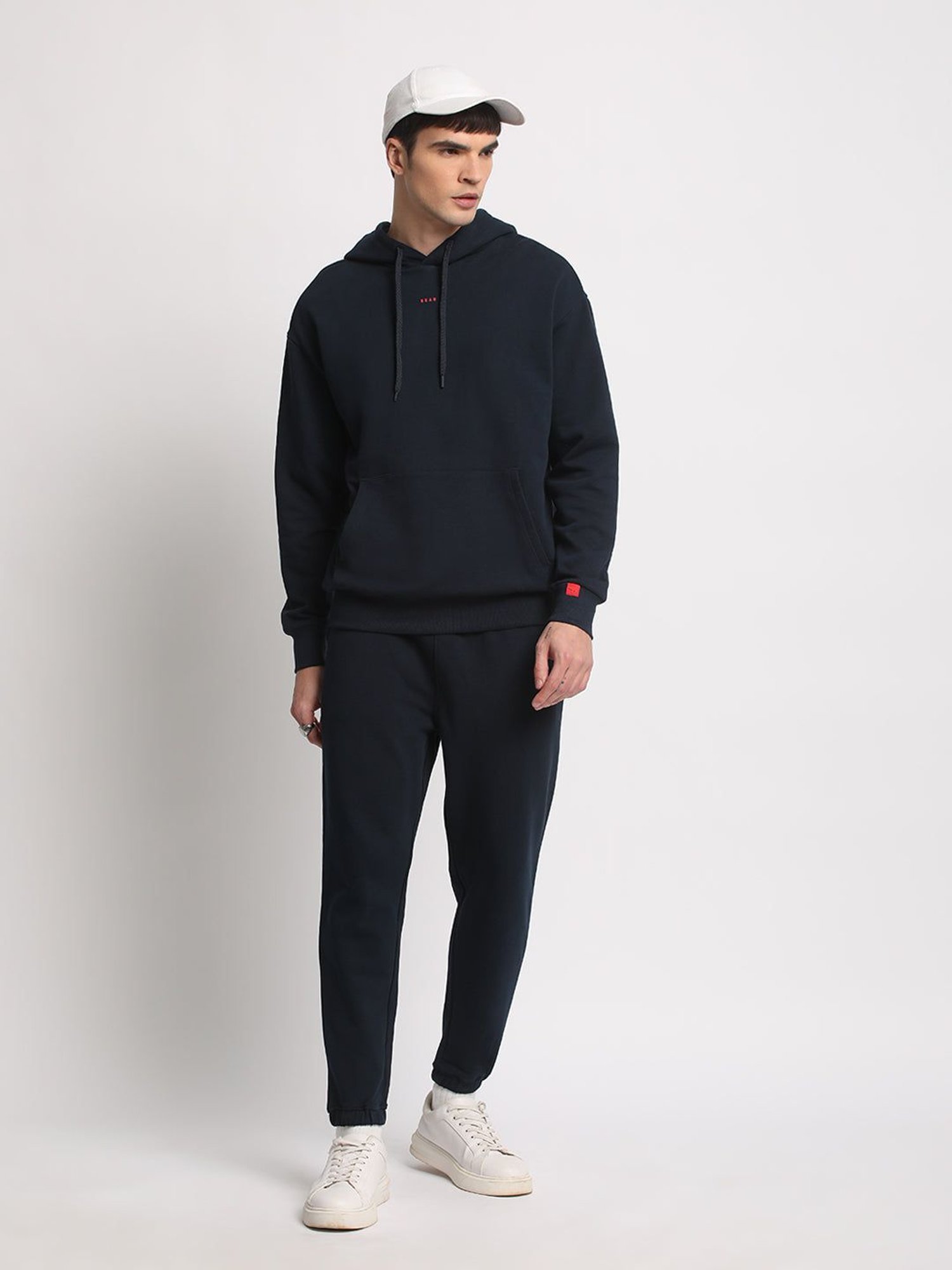 The Bear House Blue Cotton Regular Fit Hooded Sweatshirt