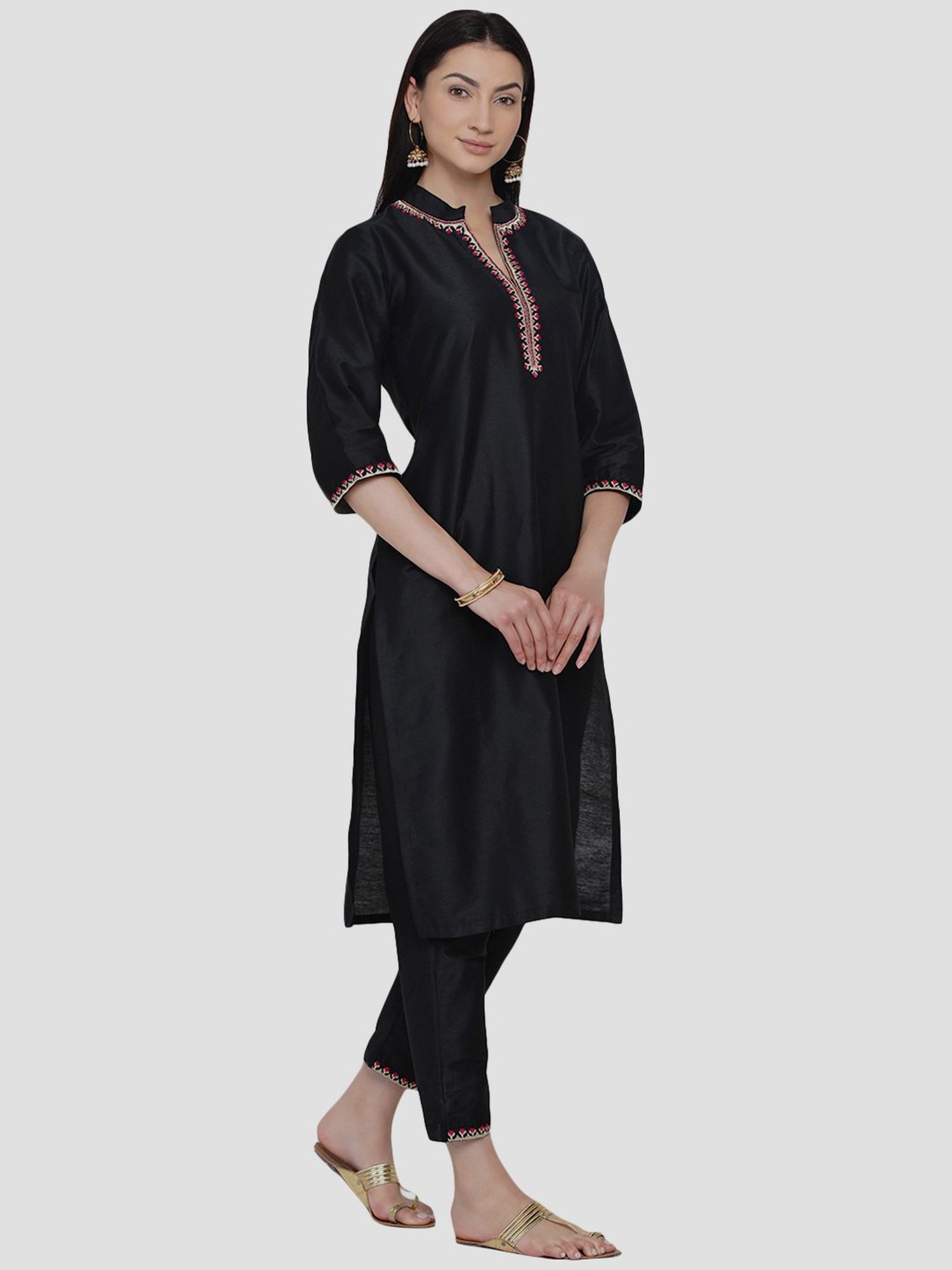 Women Republic Black Cotton Embroidered Kurta Pant Set