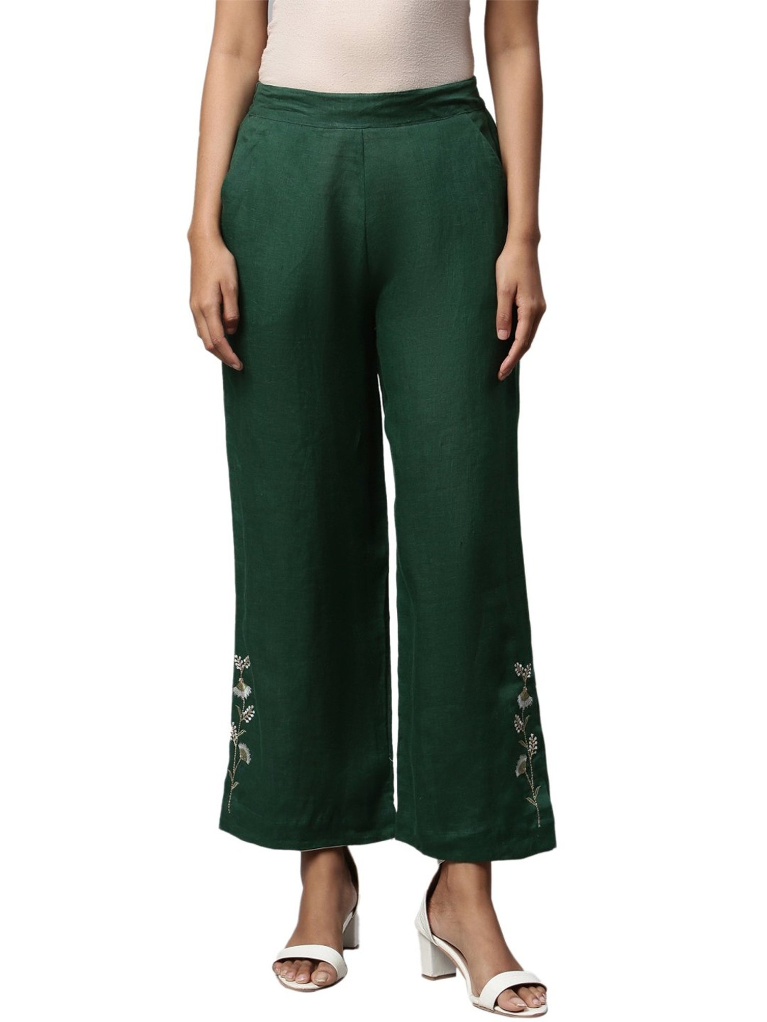 Linen Club Woman Green Embroidered Palazzos