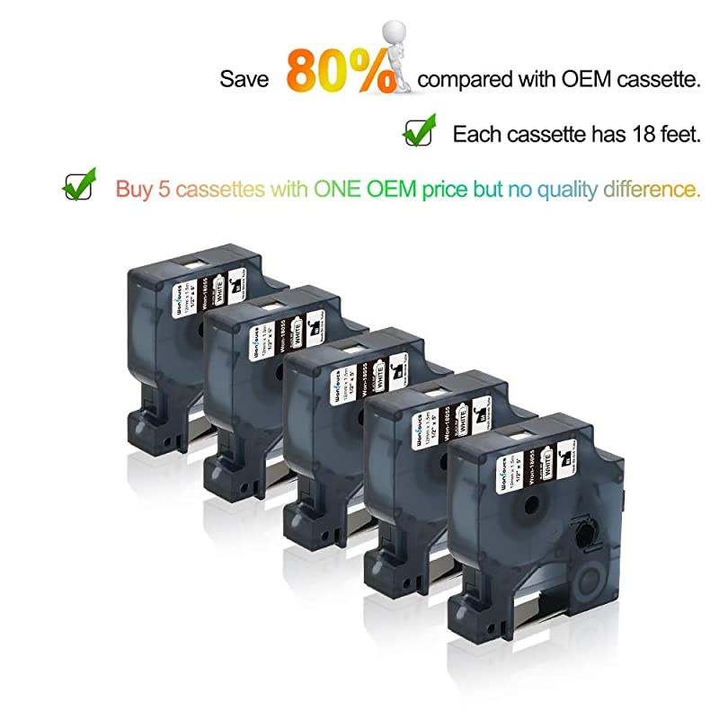 Compatible Label Tape Replacement for DYMO 18055 Rhino Industrial 1/2" Heat Shrink Tubes Labels Work with DYMO Rhino 4200 5200 6000 Label Makers, Black on White, 5-Pack