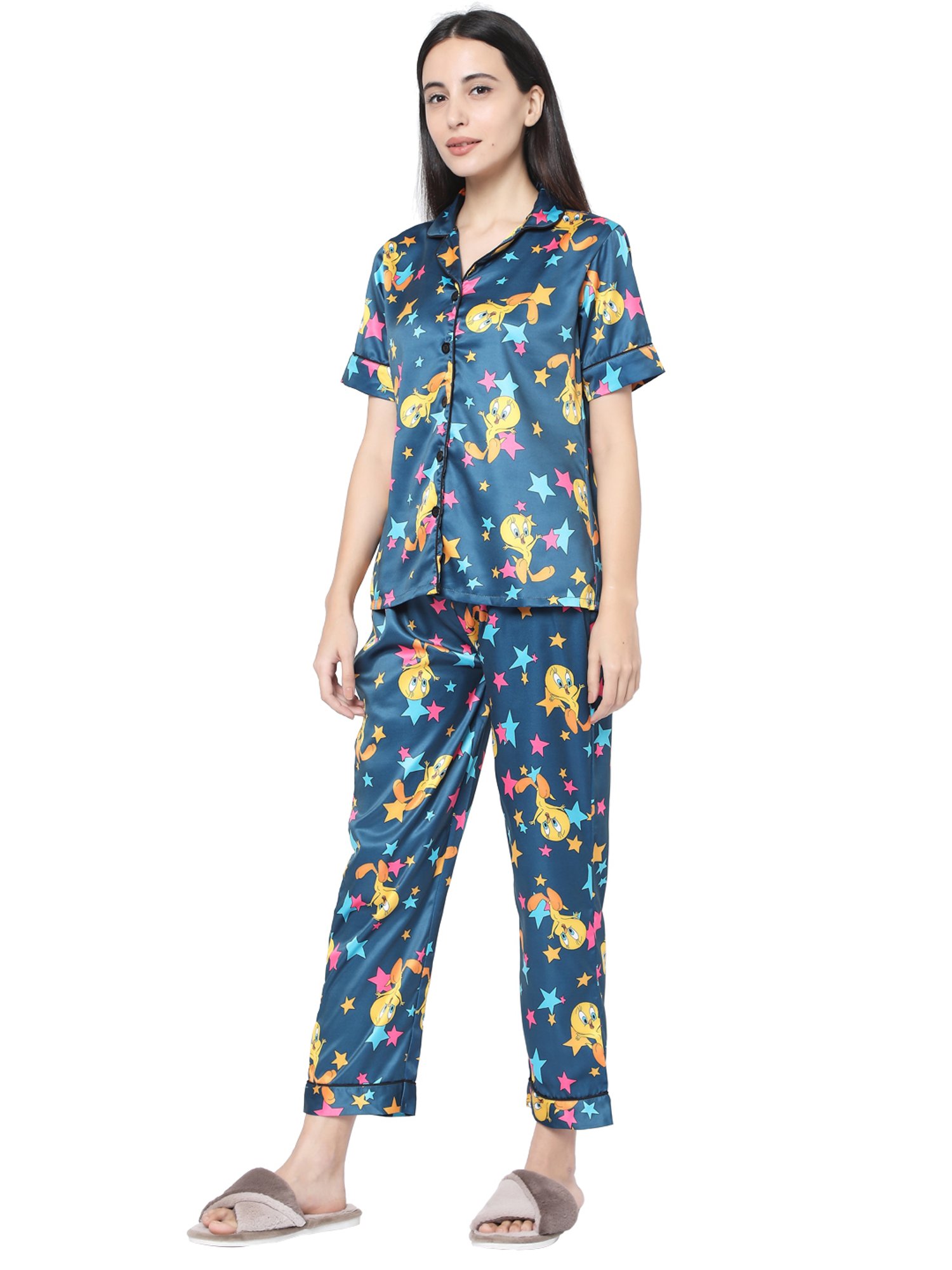 Smarty Pants Blue Satin Print Shirt With Pyjamas