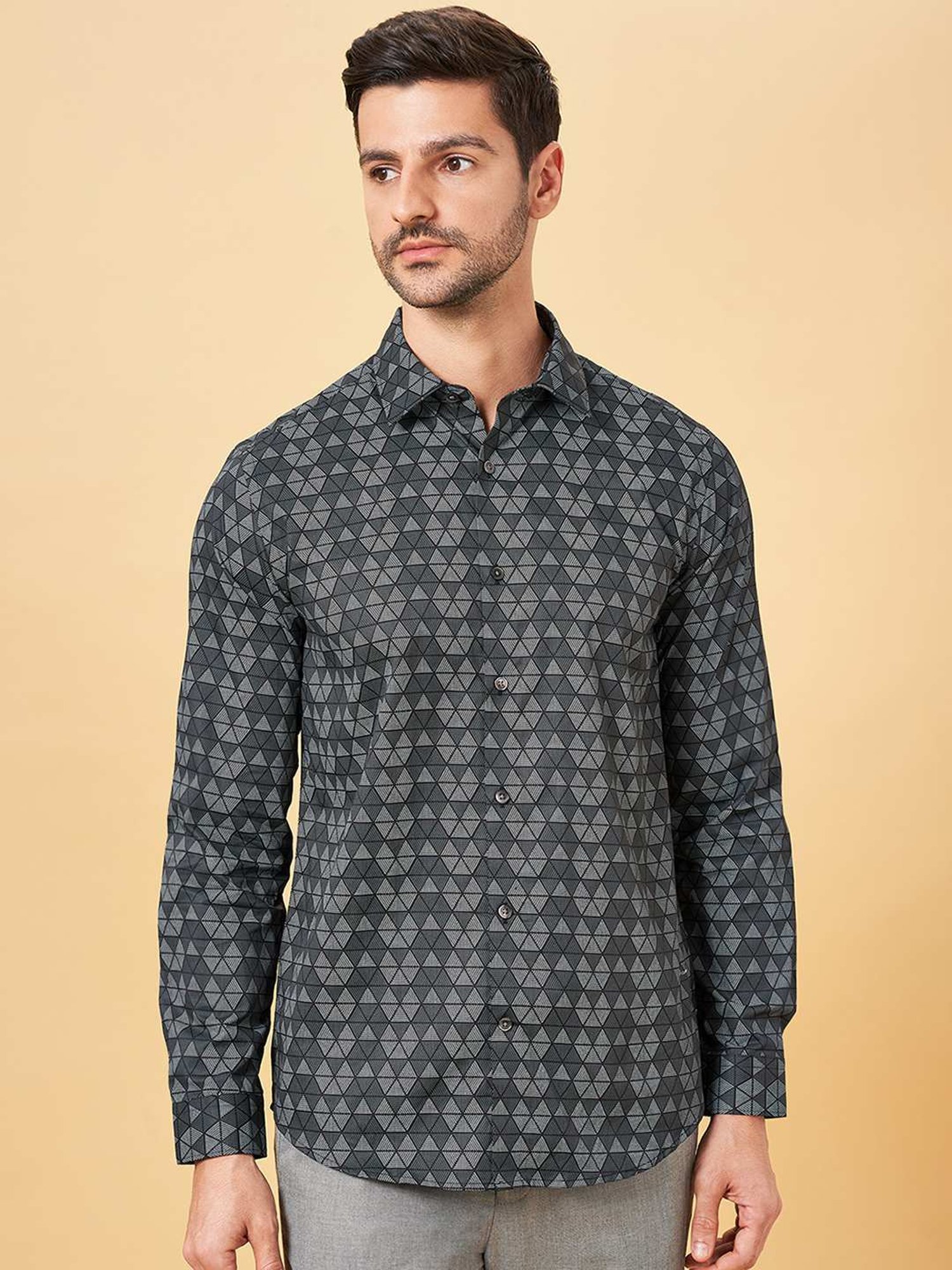 Peregrine by Pantaloons Jet Black Cotton Slim Fit Printed Shirt