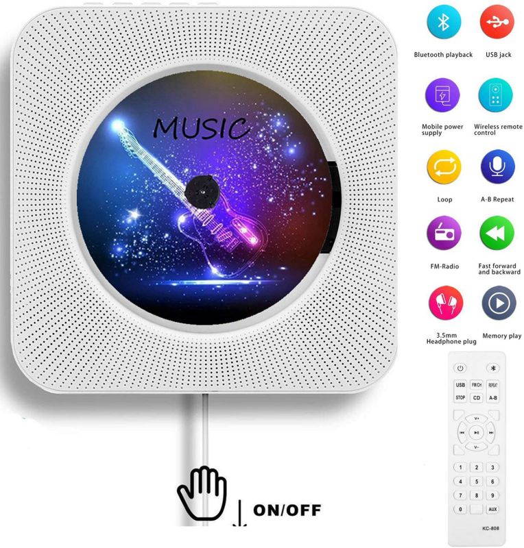 AONCO Portable CD Player, Bluetooth Wall Mountable CD Music Player Home Audio Boombox with Remote Control FM Radio Built-in HiFi Speakers, MP3 Headphone Jack AUX Input Output, White