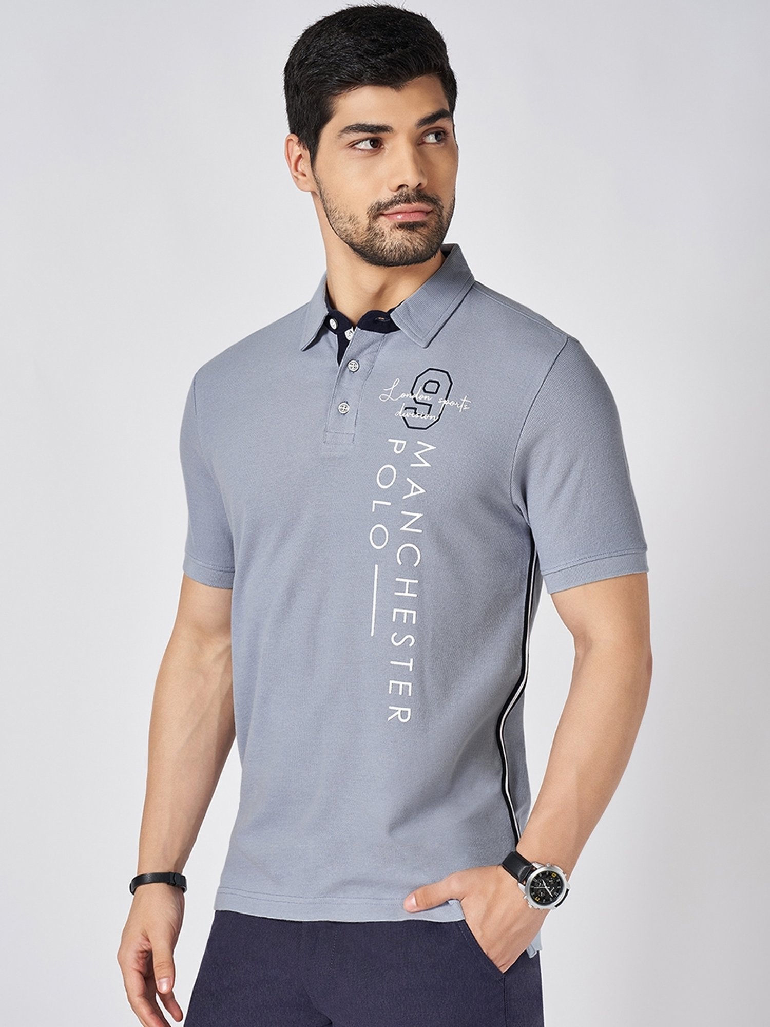 Byford by Pantaloons Crystal Blue Cotton Slim Fit Solid Polo T-Shirt