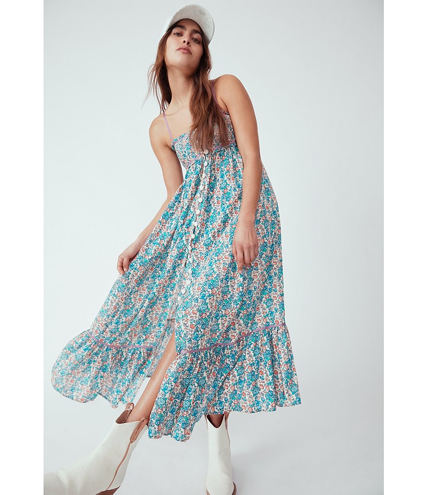 Free People Molly Jo Floral Print Sweetheart Neck Contrast Trim Sleeveless Ruffle Hem Button Front Midi Dress
