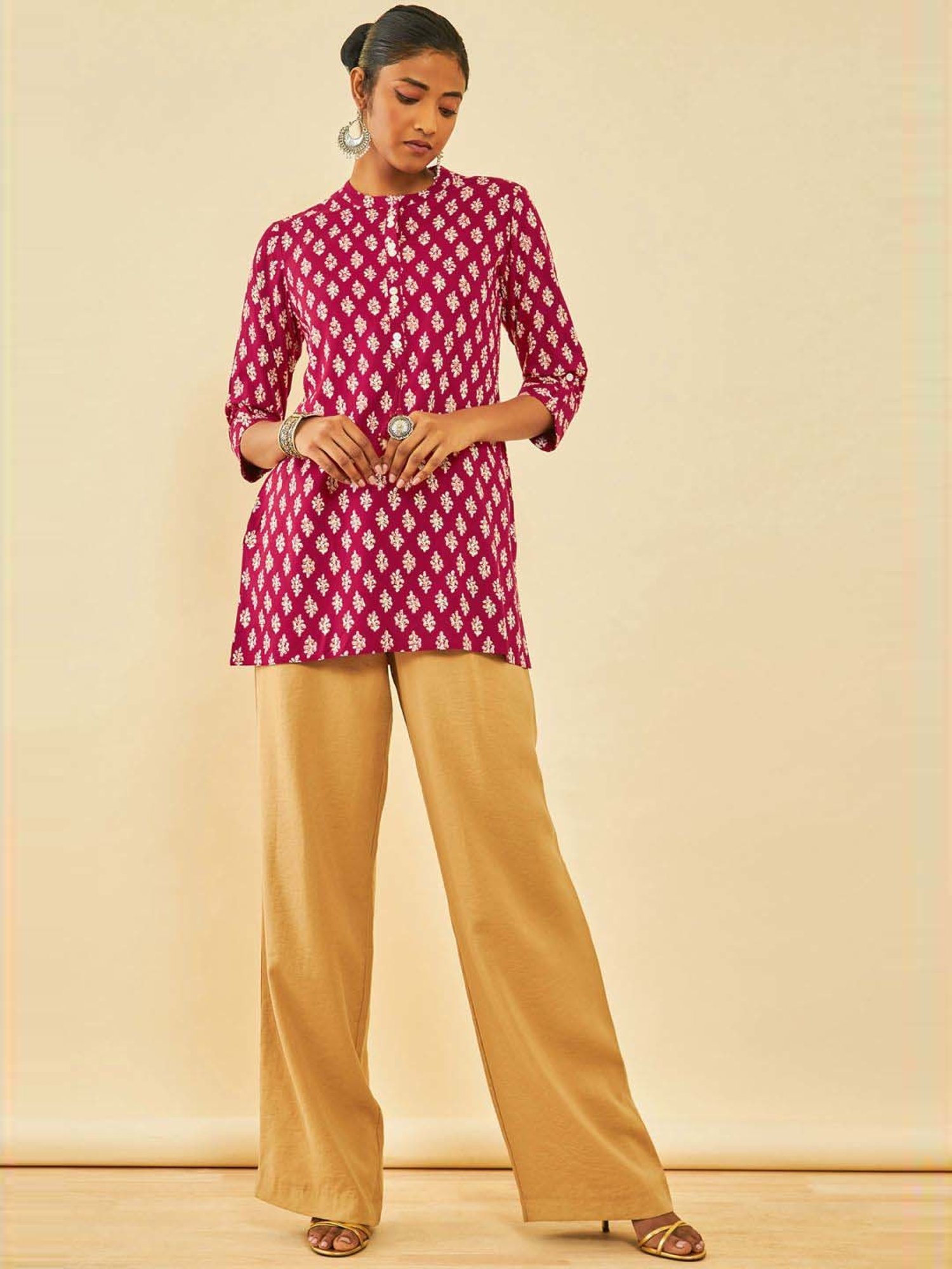 Soch Red Rayon Floral Printed Tunic With Faux Mirror