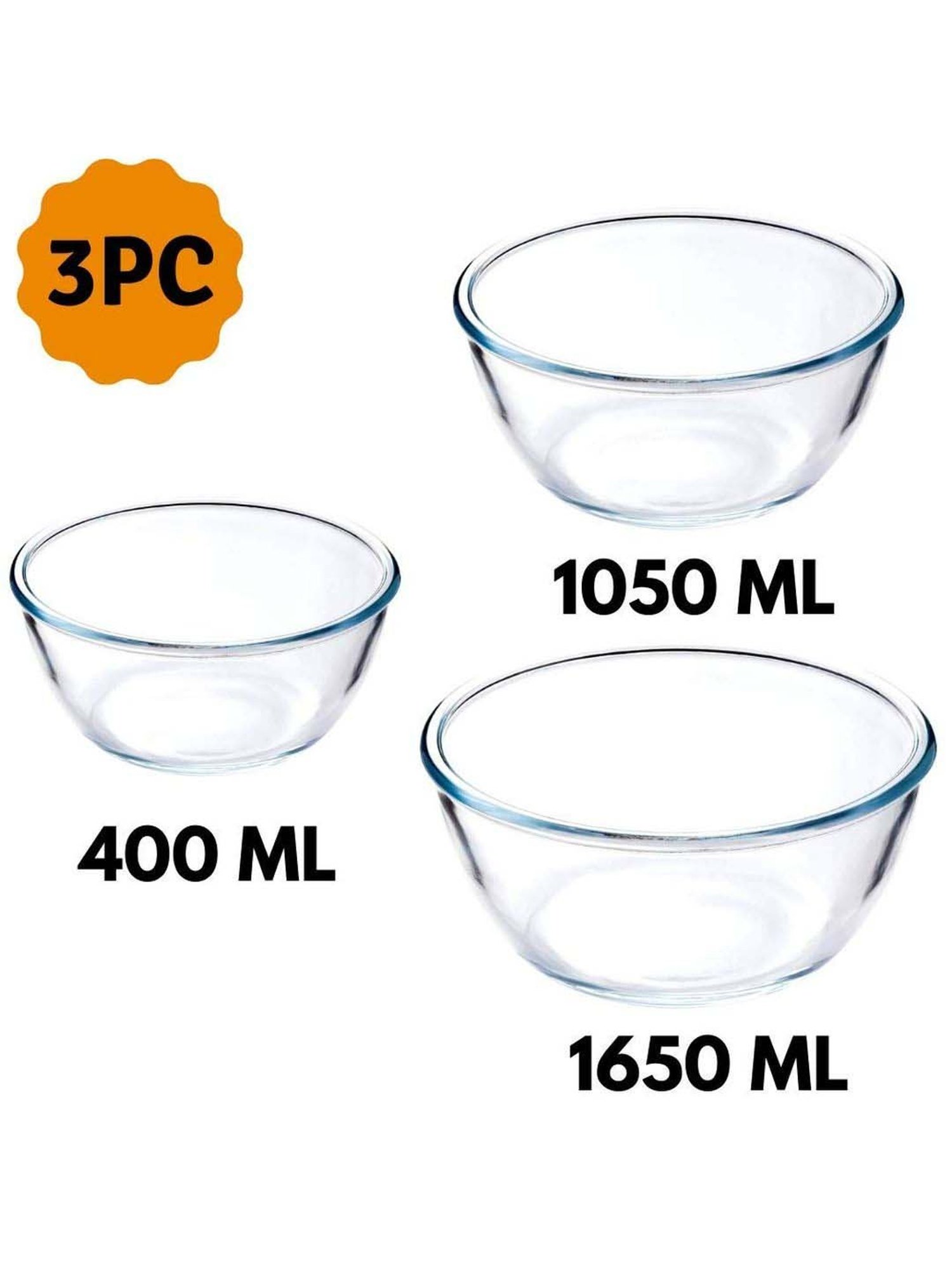 Femora Borosilicate Glass Microwave Safe Mixing Bowls (400 ml, 1050 ml & 1650 ml) - Set of 3