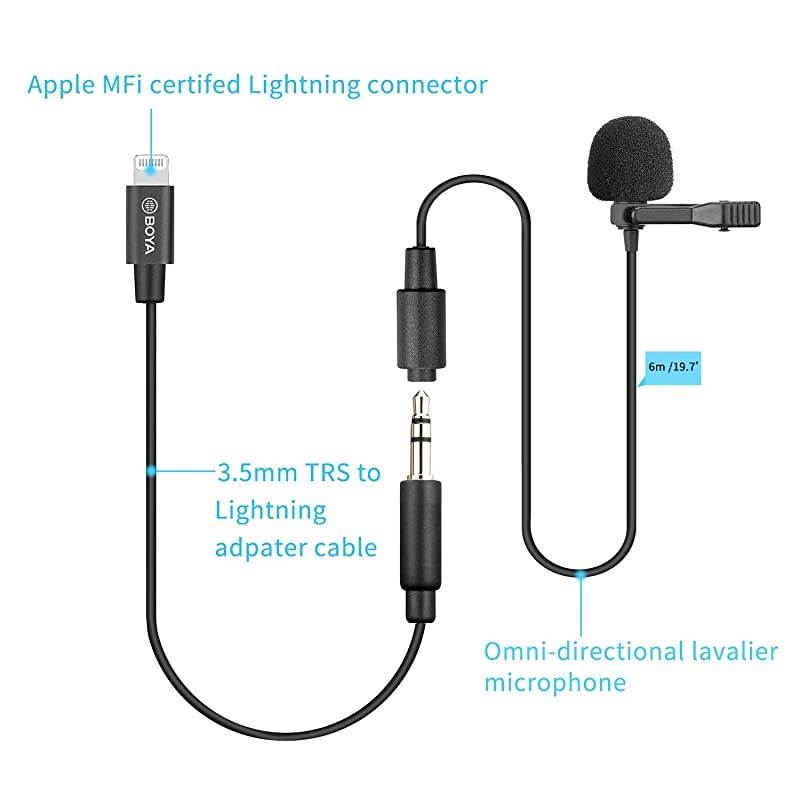 Lavalier Lightning Microphone for iOS iPhone 11 Vlog, 20 ft/6m  by-M2 Lapel Universal Mic with Lightning Plug Adapter for iPhone 11 10 X 8 7 MAC YouTube Video Facebook Live