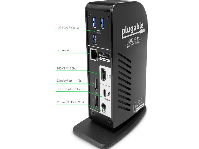 Plugable UD-ULTC4K Dock with Stand - for Notebook - 100 W - USB 3.0 Type C - 5 x USB Ports - 5 x USB 3.0 - Network (RJ-45) - HDMI - DisplayPort