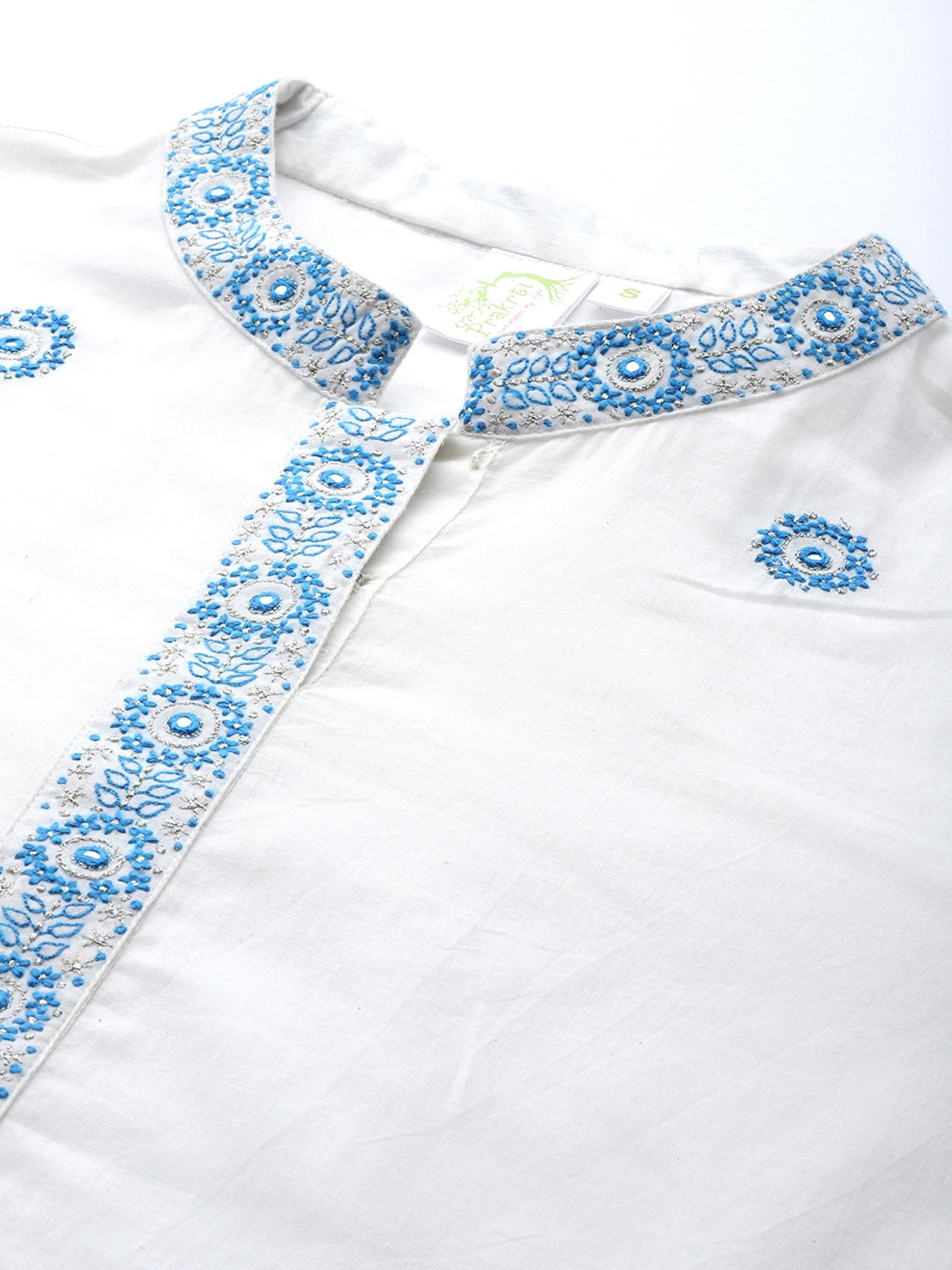 Prakrti White & Blue Cotton Embroidered Kurta & Palazzo Set