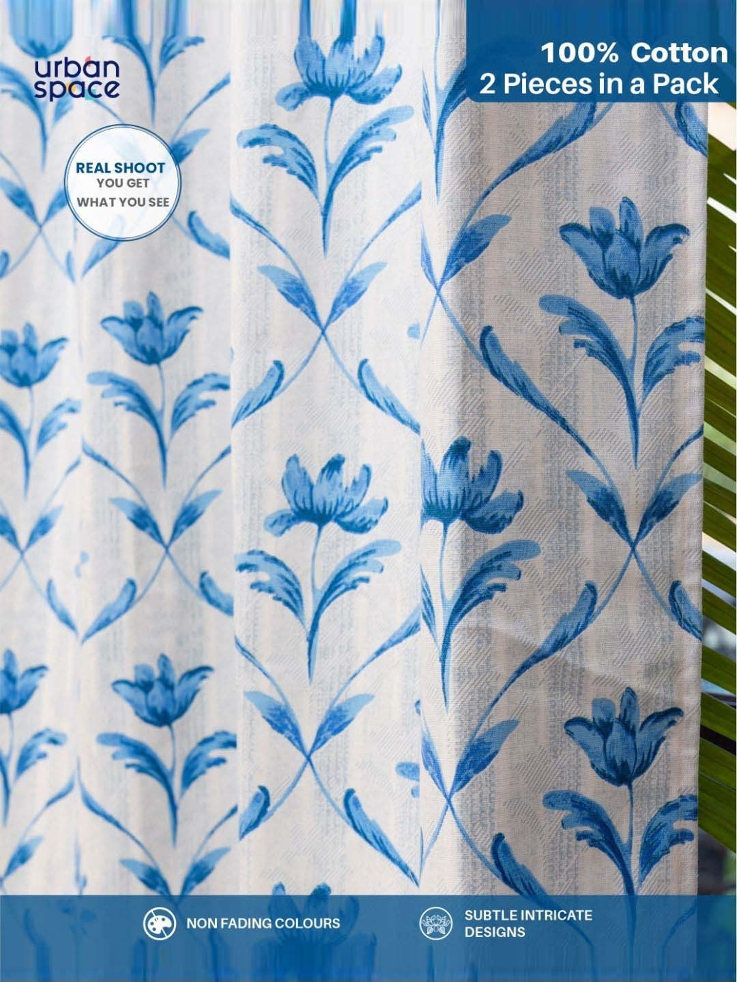 Urban Space White & Blue Cotton Water Lily Printed Window Curtain - Set of 2
