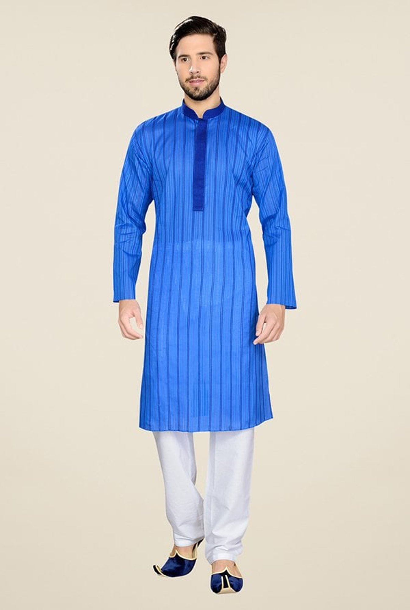 Manyavar Casual Blue Cotton Kurta & Pyjama Set