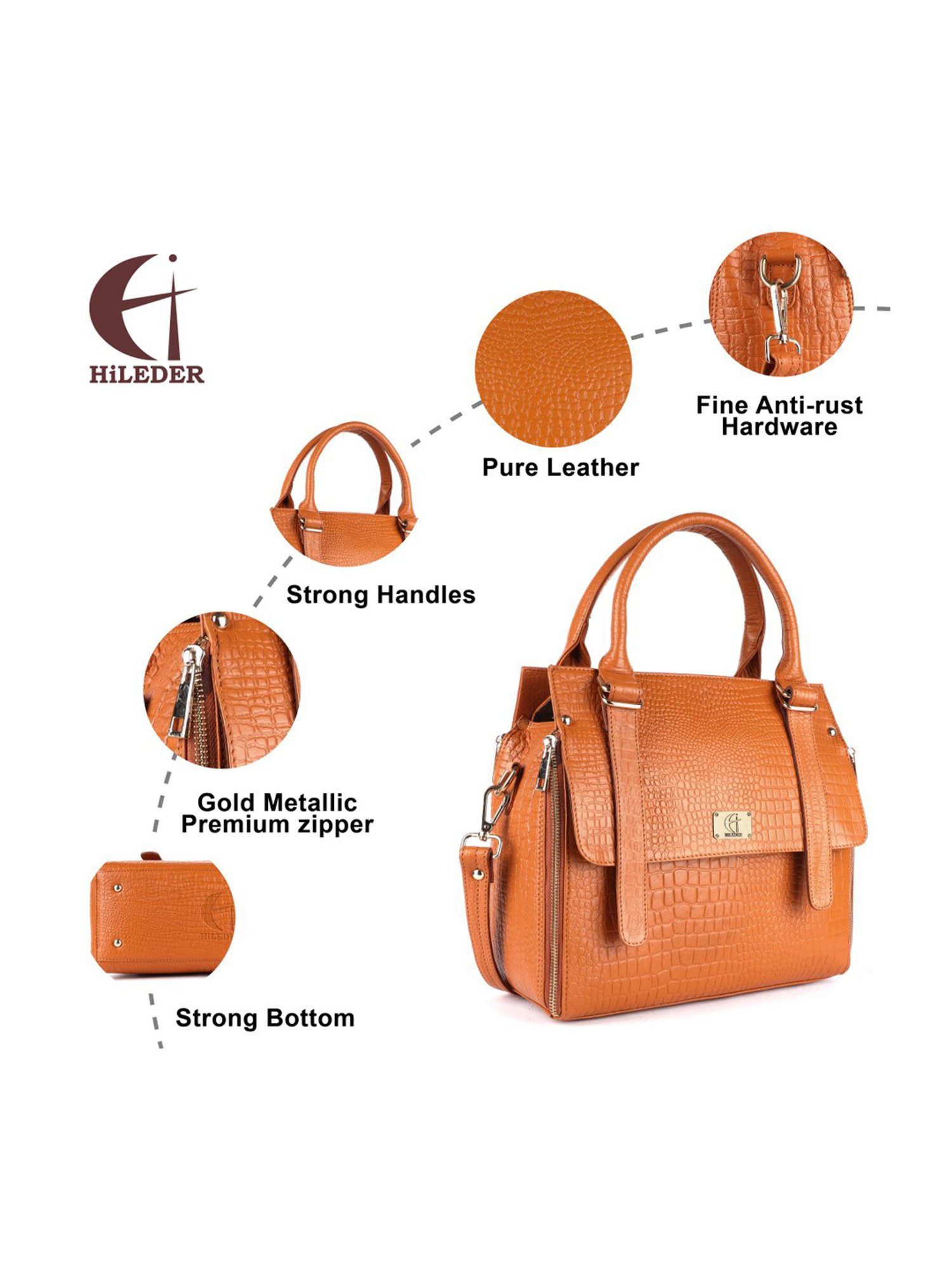 HiLEDER Orange Textured Medium Handbag
