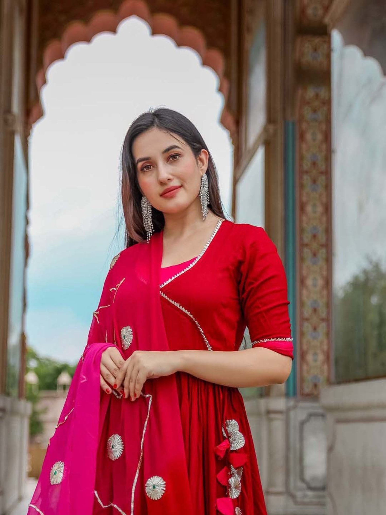 AACHHO Red Kurta Palazzo Set With Dupatta