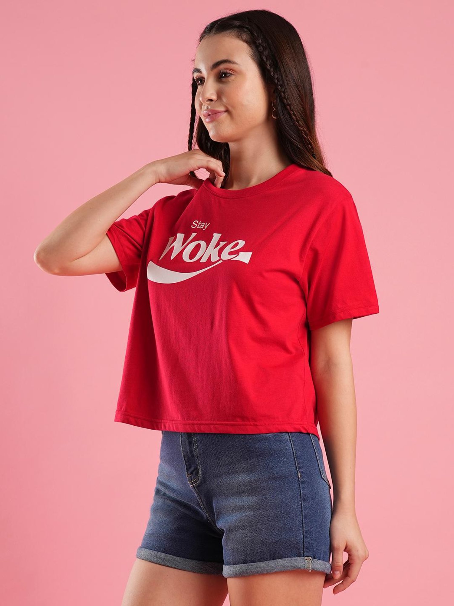 Globus Red & White Cotton Graphic Print Crop T-Shirt