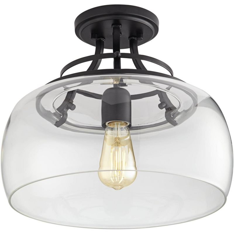 Franklin Iron Works Farmhouse Rustic Ceiling Light Semi Flush Mount Fixture LED Black Iron 13 1/2" Wide Clear Glass Dining Kitchen