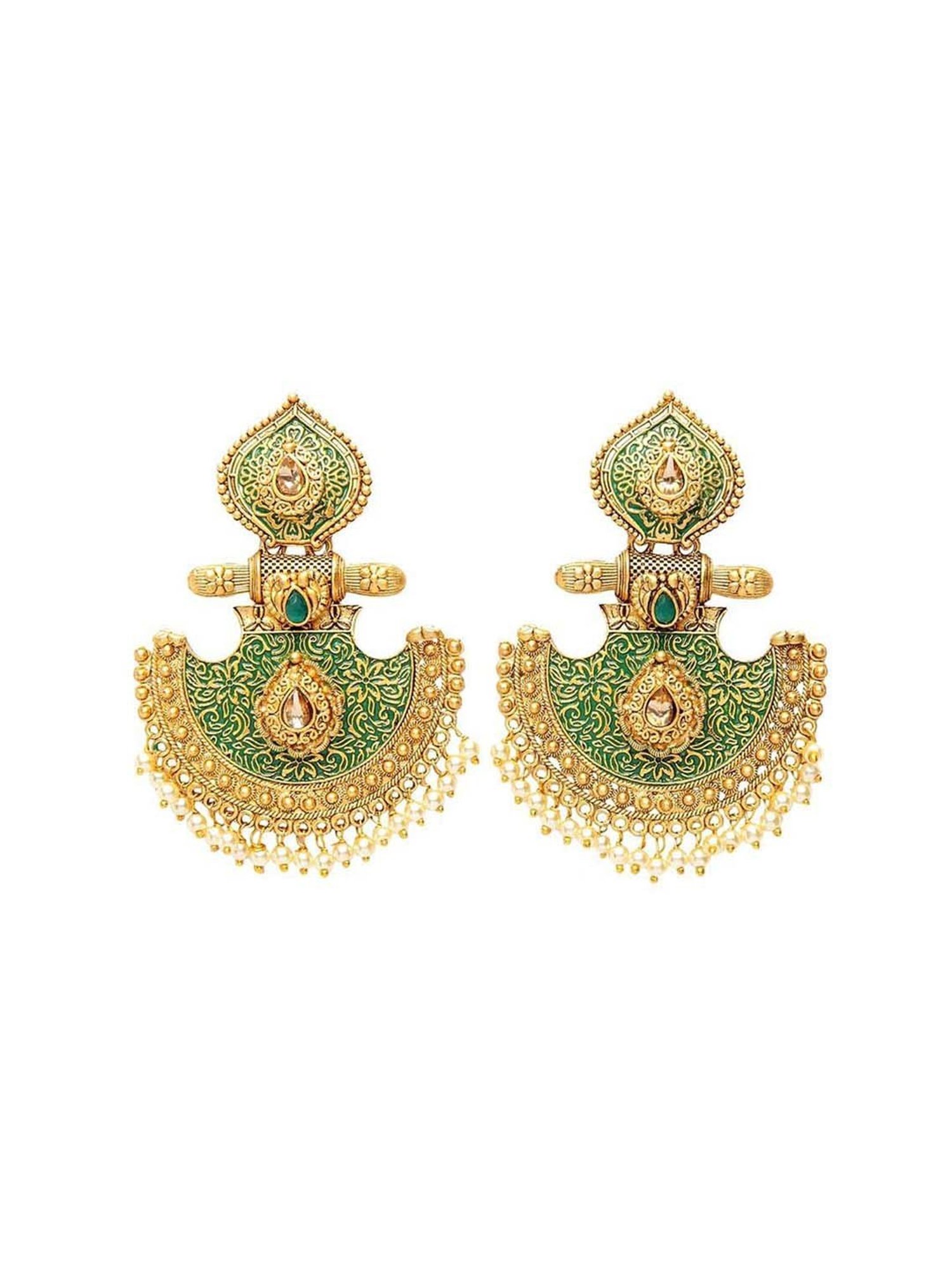 Panash Gold-Toned & Green Geometric Handpainted Jhumki Earrings