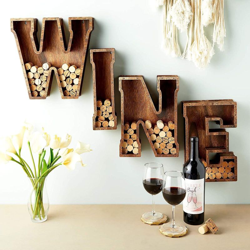 Juvale Monogram Letter "WINE"Cork Holder Wood Home D'ecor (11.75 Inches)