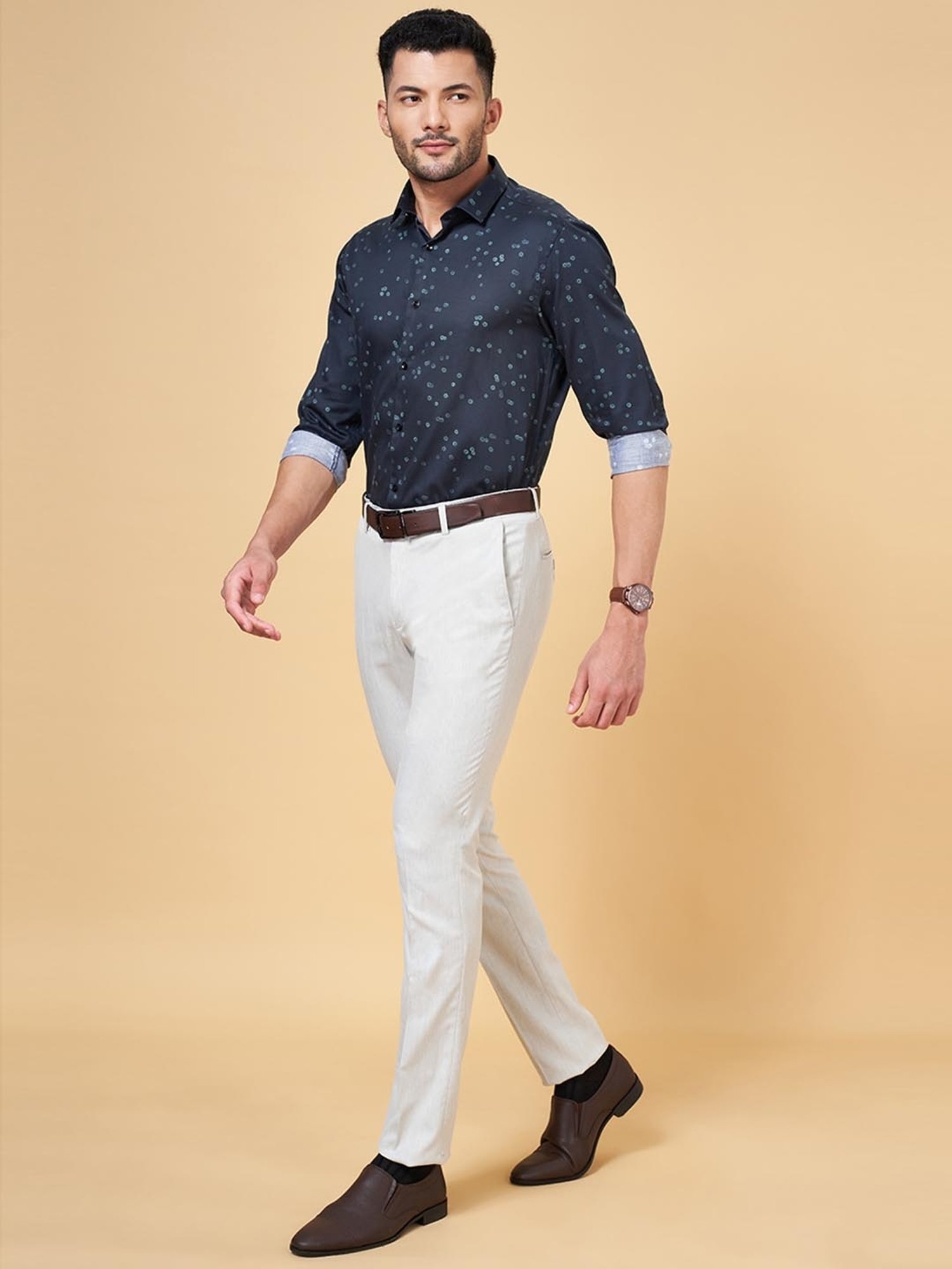 Peregrine by Pantaloons Navy Cotton Slim Fit Printed Shirt