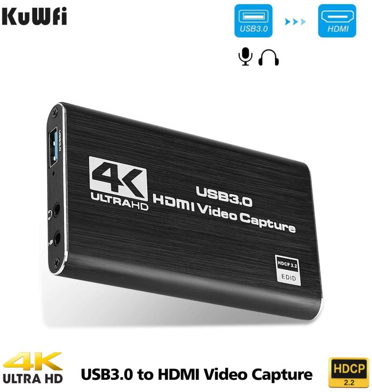 KuWFi 4K/30Hz Input 1080P Output HDMI Capture Card USB3.0 Driver-Free Game Broadcaster Microphone HD Video 1080P Recording Box
