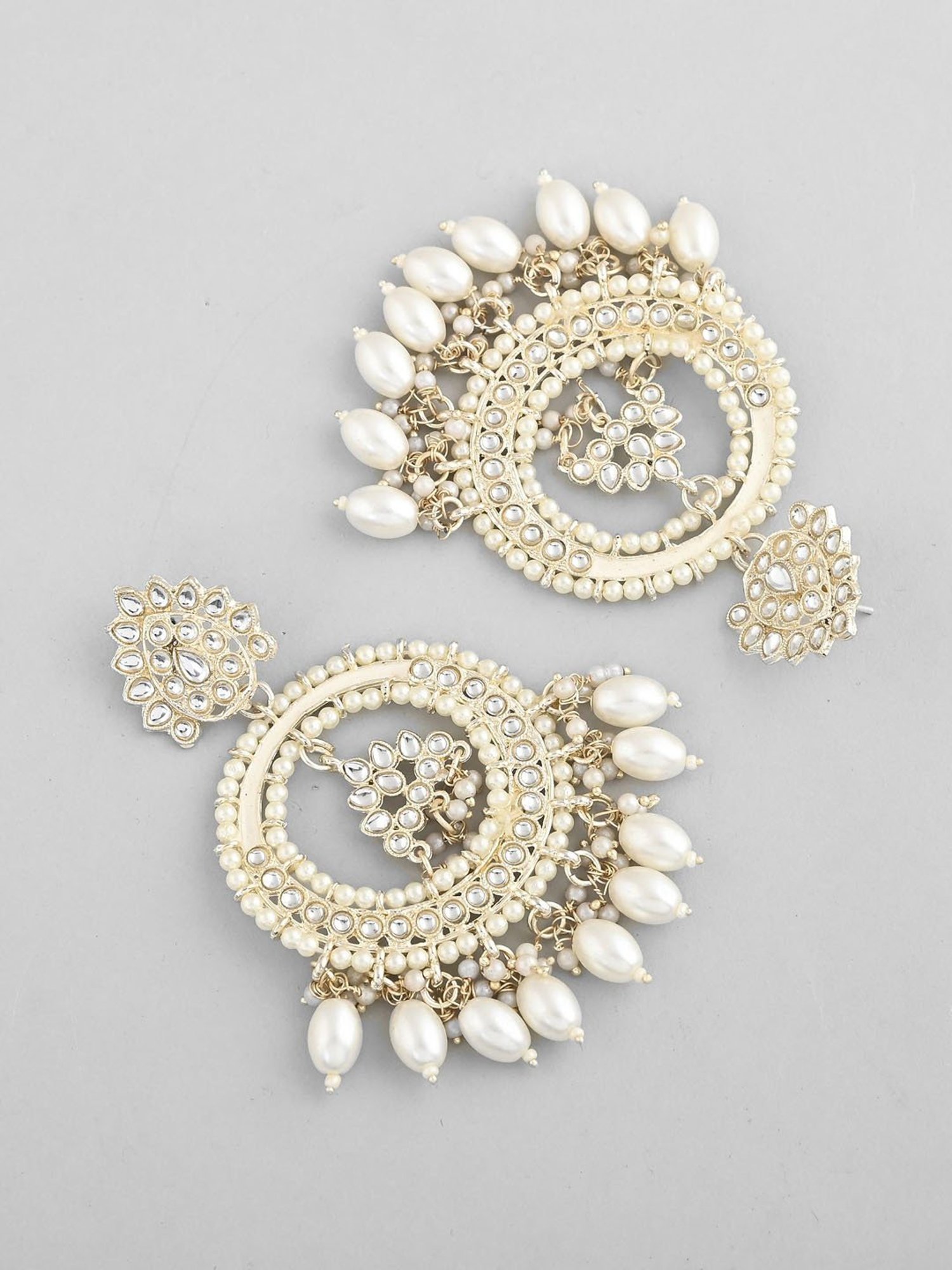 VOJ Gold Plated Kundan Studded White Chandbali Earrings for Women