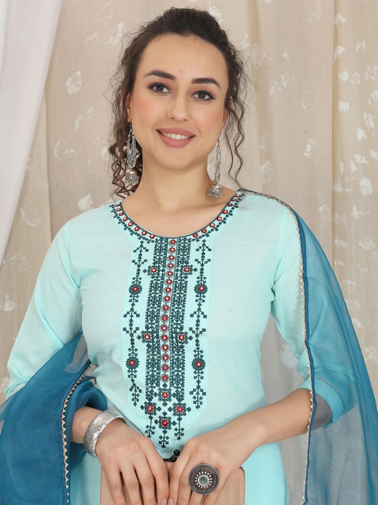 Skylee Turquoise Embroidered Kurta Pant Set With Dupatta