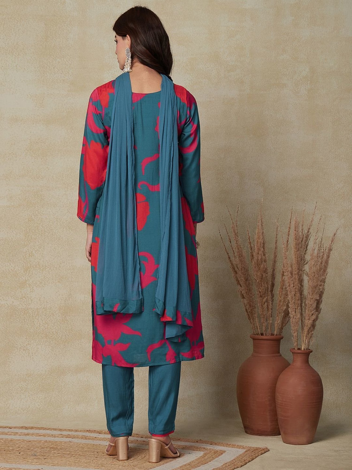 Fashor Teal Blue Printed Kurta Pant Set With Dupatta