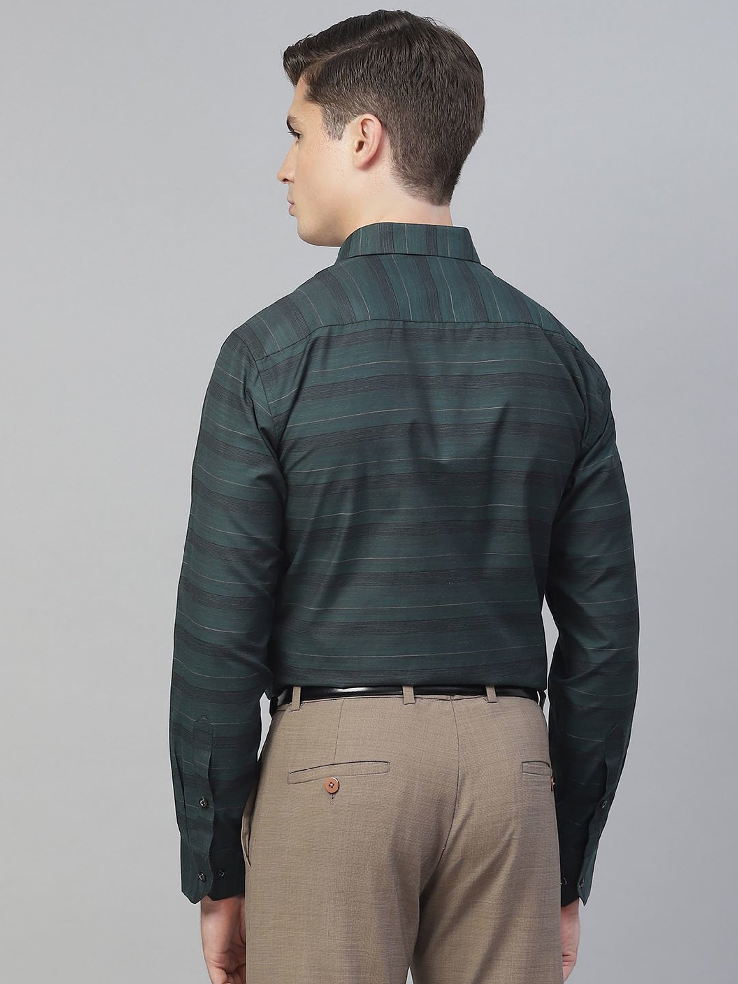 ManQ Green Regular Fit Striped Shirt