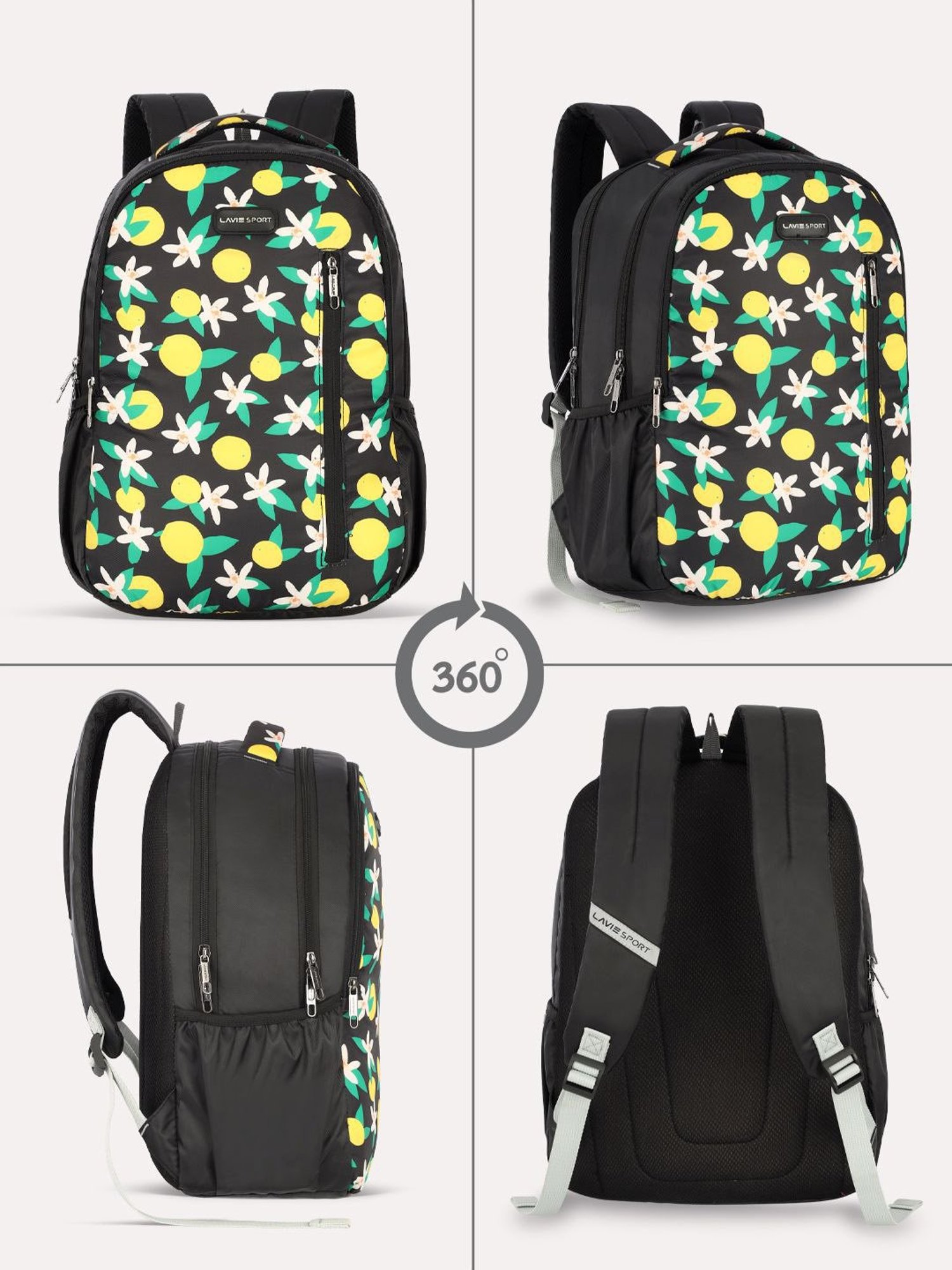 Lavie Sport Lime 26L Floral Printed School Backpack for Girls (Black)