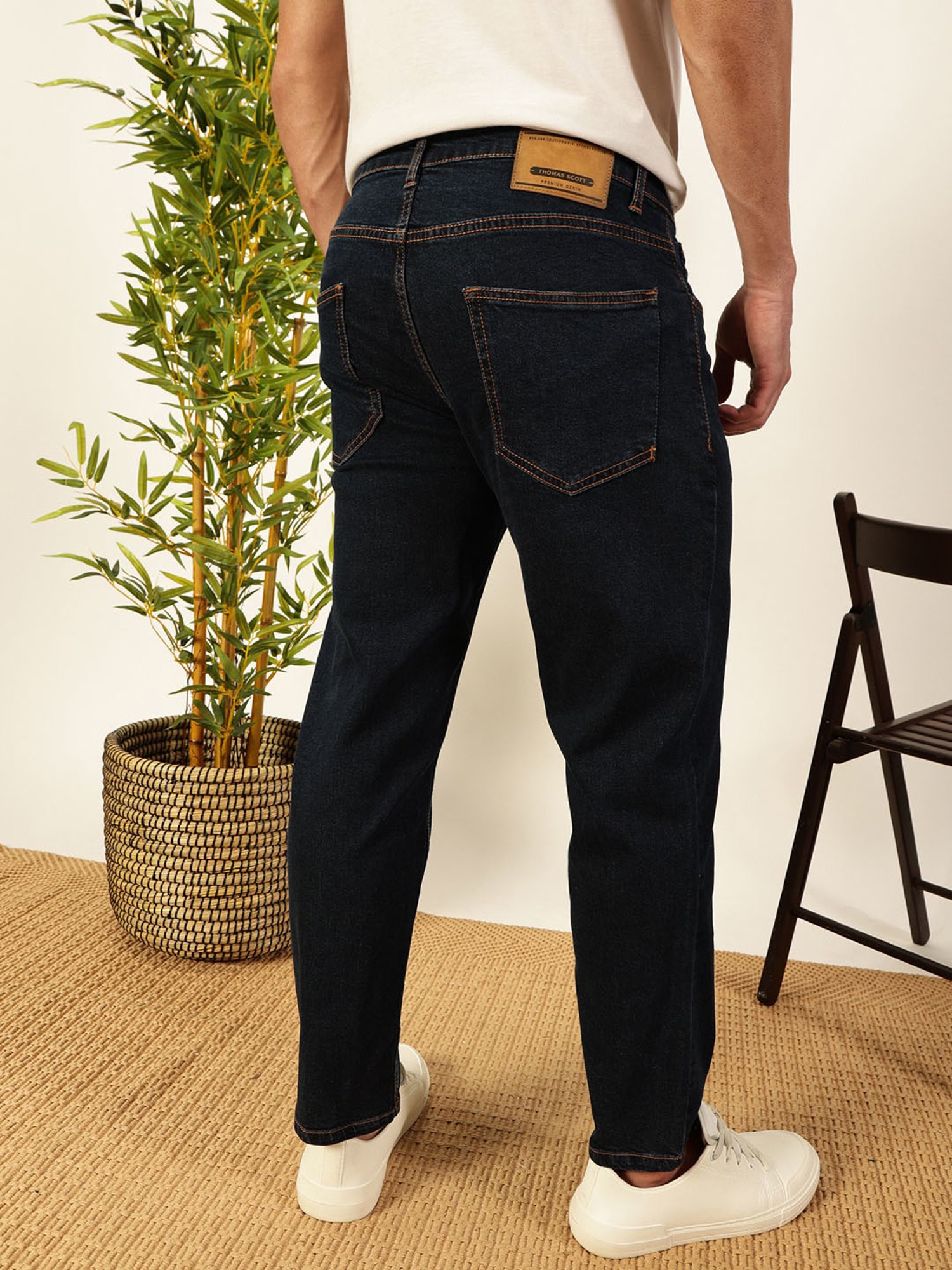 Thomas Scott Dark Blue Cotton Slim Tapered Solid Jeans