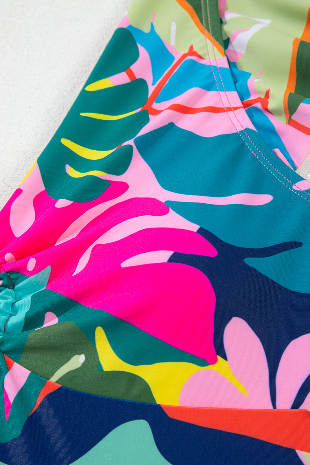 Black Plant Print Zip Front Half Sleeve One Piece Swimsuit