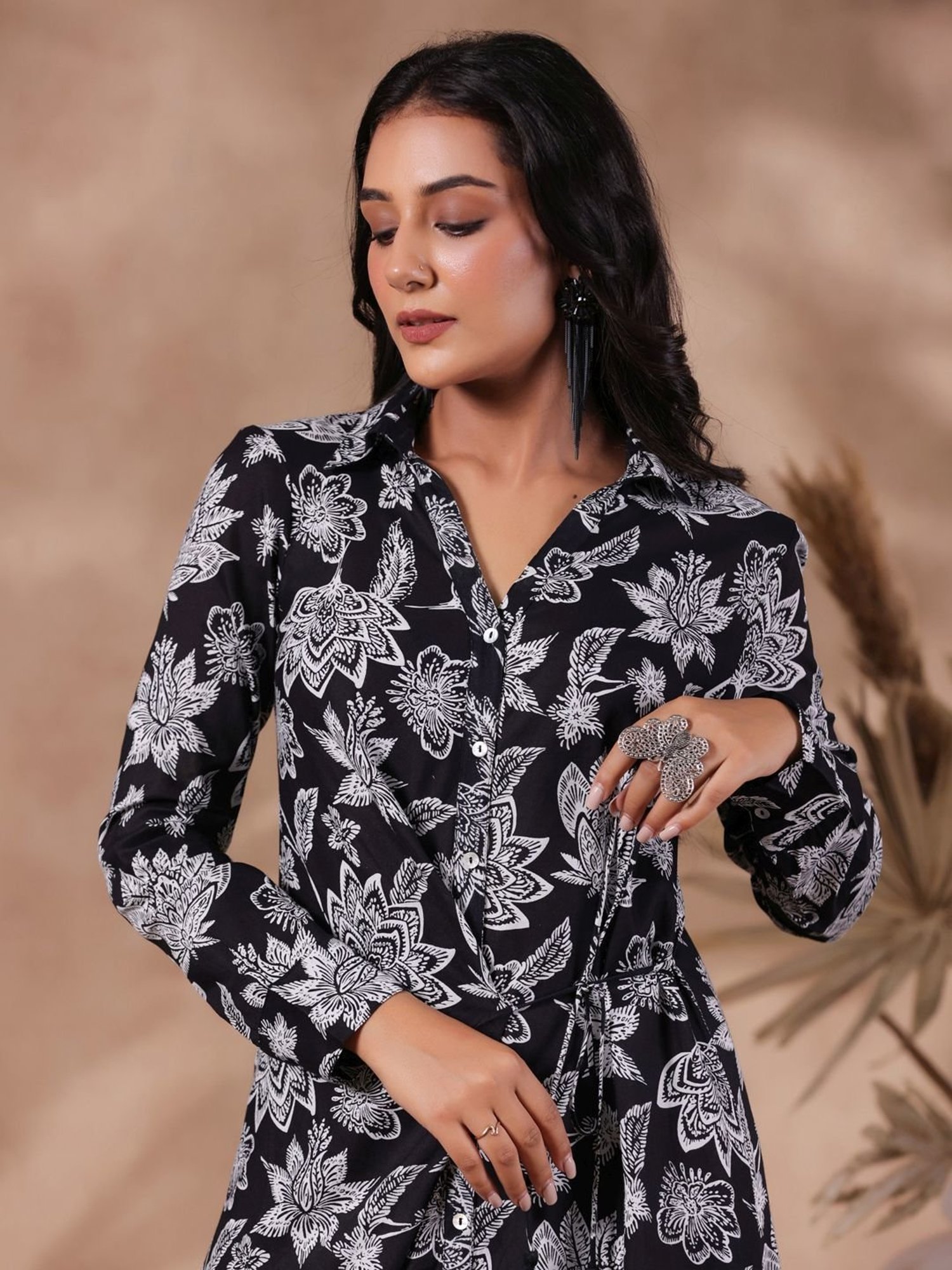 Ishin Black Floral Print Shirt Dress
