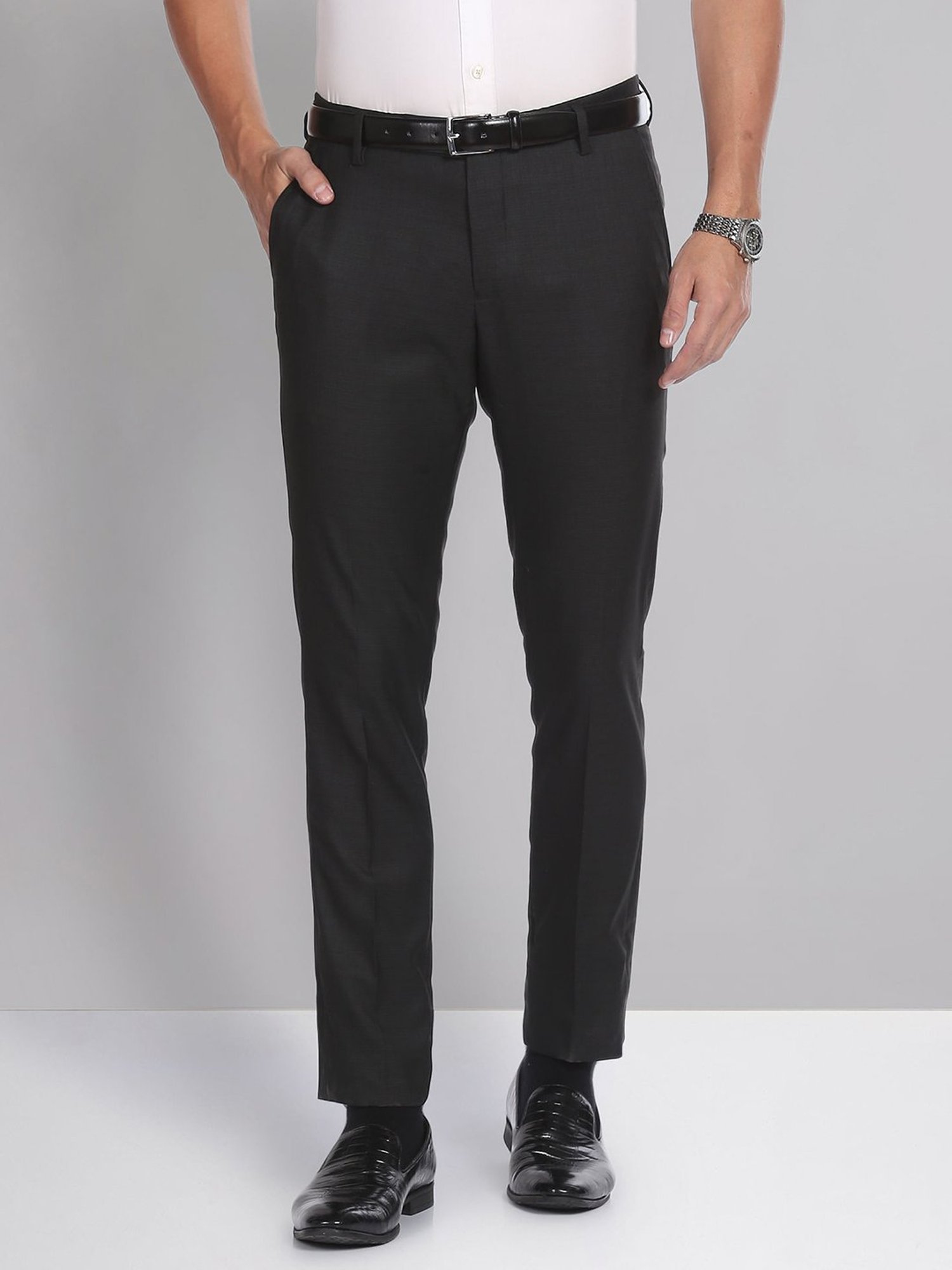 AD by Arvind Dark Grey Slim Fit Flat Front Trousers
