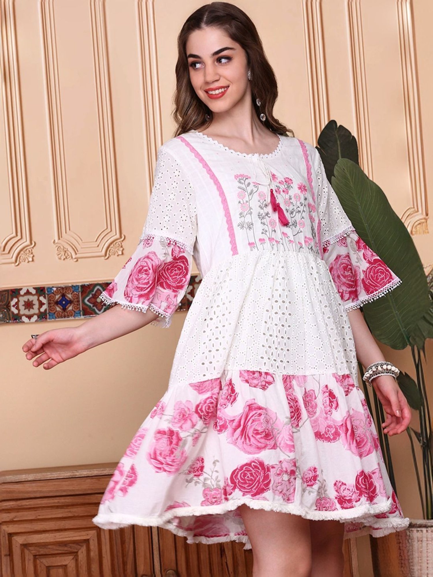Ishin White & Pink Cotton Floral Print A-Line Dress