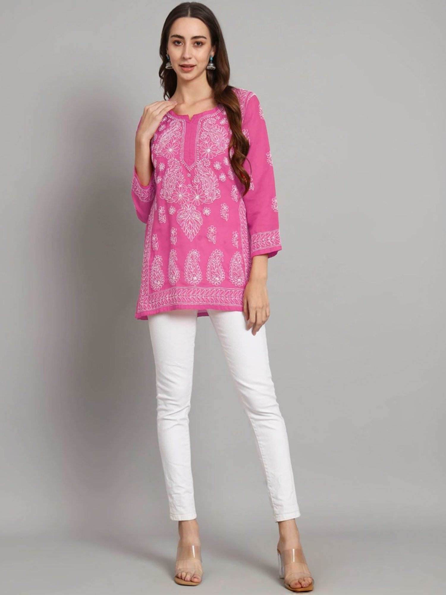 PARAMOUNT CHIKAN Hot Pink Cotton Hand Embroidered Chikankari Straight Kurti