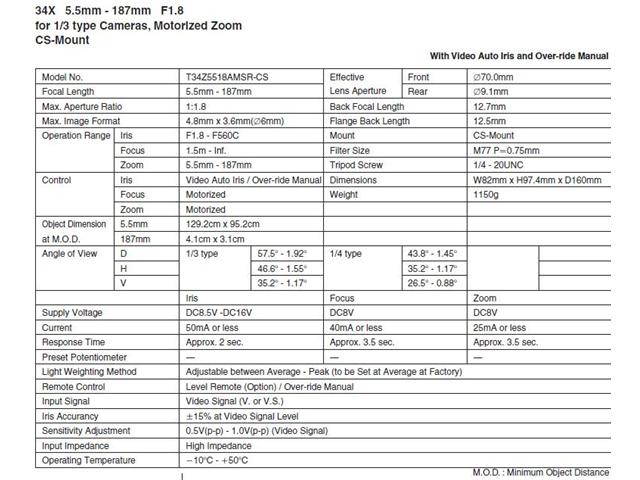 Computar Ganz High Quality CCTV Camera Lens T34Z5518AMSR 1/3" 5.5-187mm f1.8 34X Motorized Zoom, Video Auto Iris w/spot & man. Override (CS Mount)