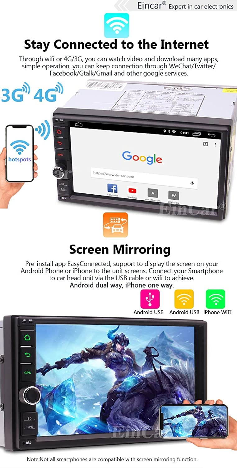 EinCar Double Din Stereo Touch Screen Car Radio Android 10.0 GPS Navigation Bluetooth 7" Digital Capacitive Touchscreen No-DVD Car Player 1G RAM+16G ROM Wifi/4G/HD 1080P Video/Mirror Link/SWC