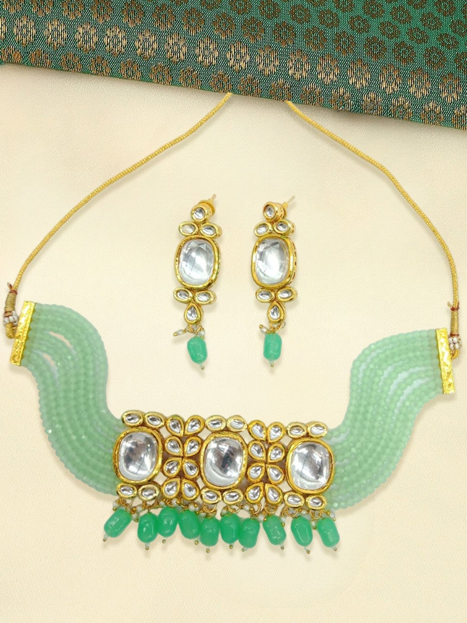 OOMPH Mint Green Beads & Kundan Ethnic Choker Necklace Set with Earrings