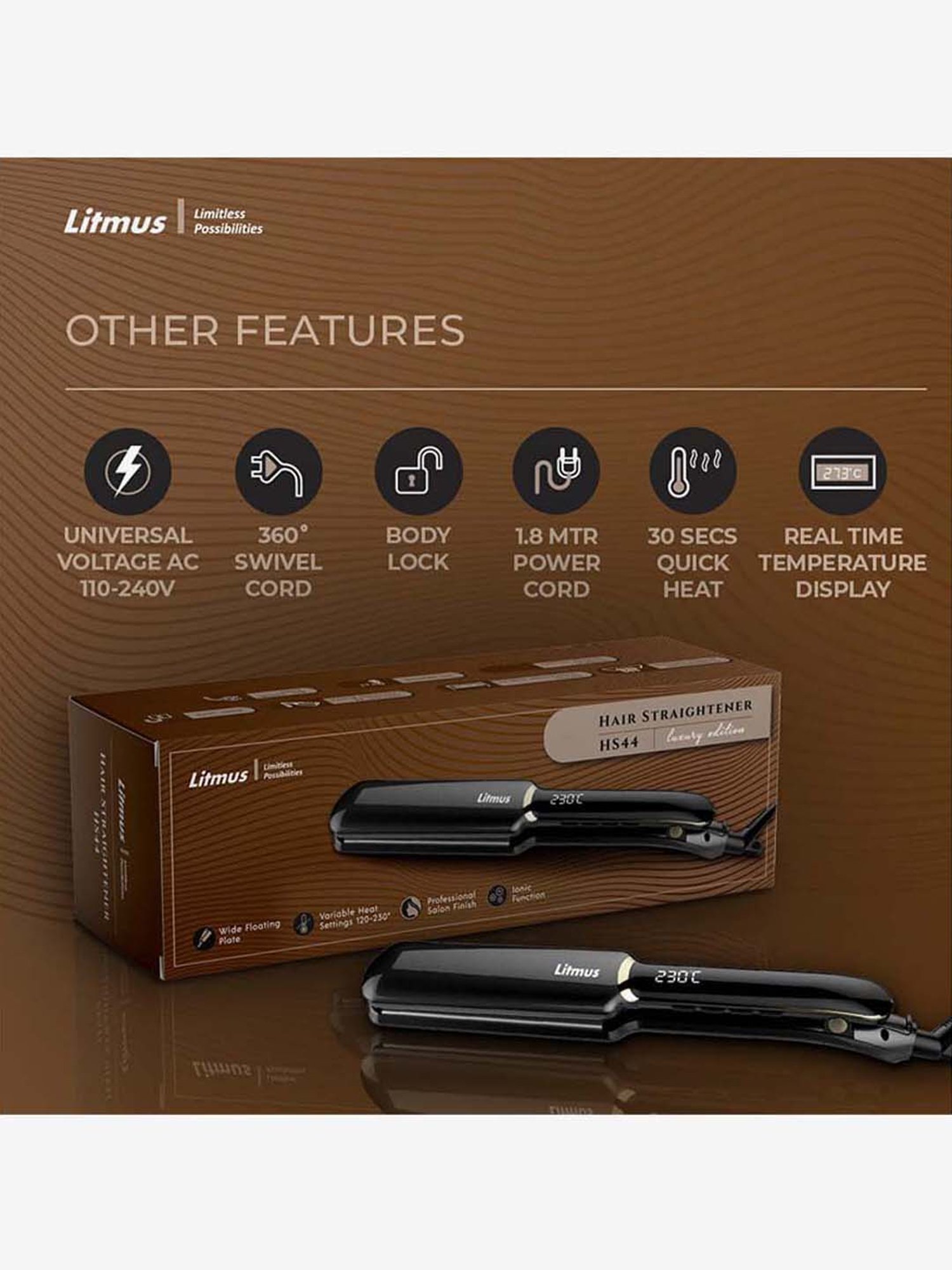 Litmus HS44 Luxury Edition Wide 3D Ceramic Plate Hair Straightener (Black)