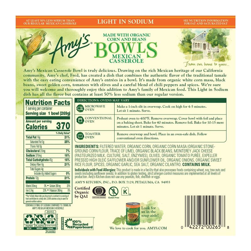 Amy's Light in Sodium Organic Mexican Casserole Frozen Bowl - 9.5oz