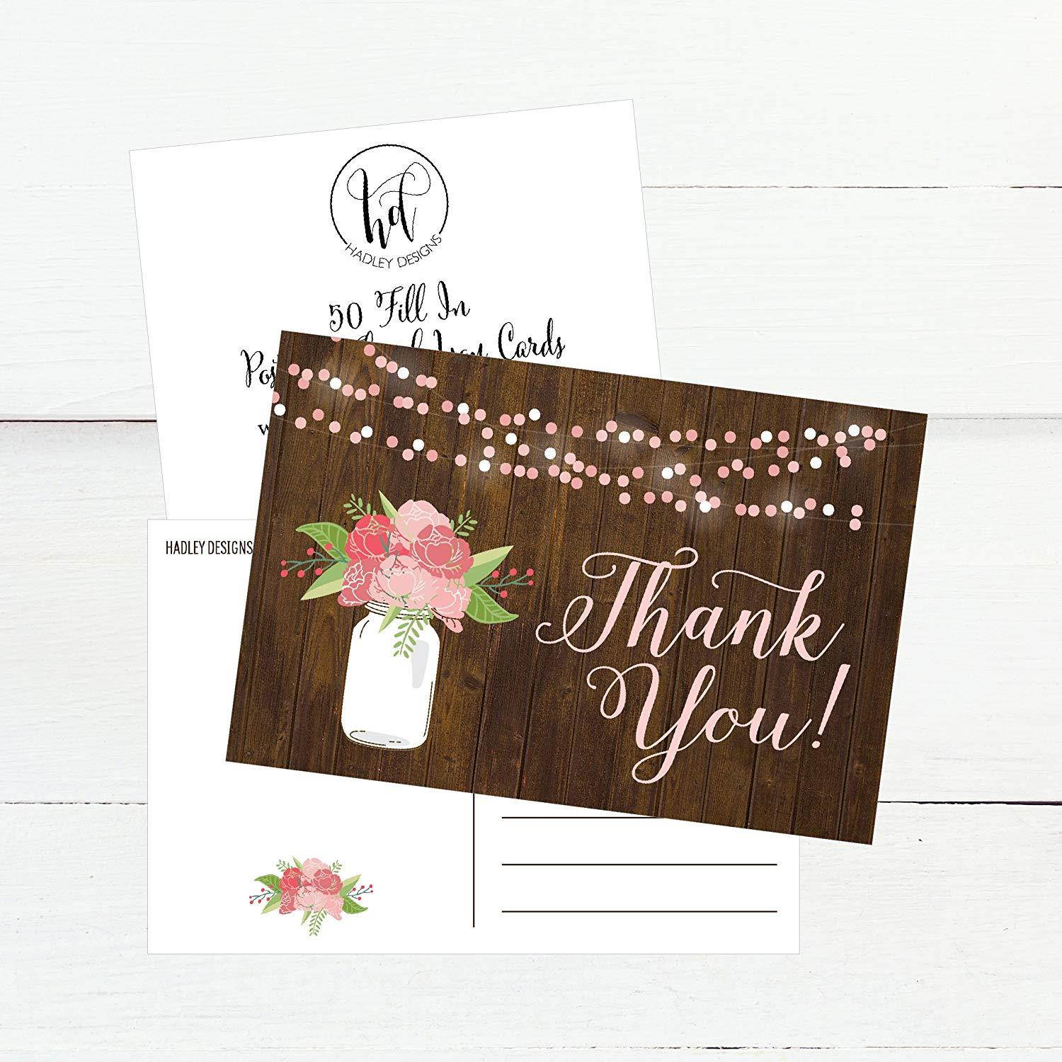 50 4x6 Rustic Floral Thank You Postcards Bulk, Modern Cute Flower Matte Blank Thank You Note Card Stationery For Wedding, Bridesmaid Bridal or Baby Shower, Teachers, Appreciation, Religious, Business