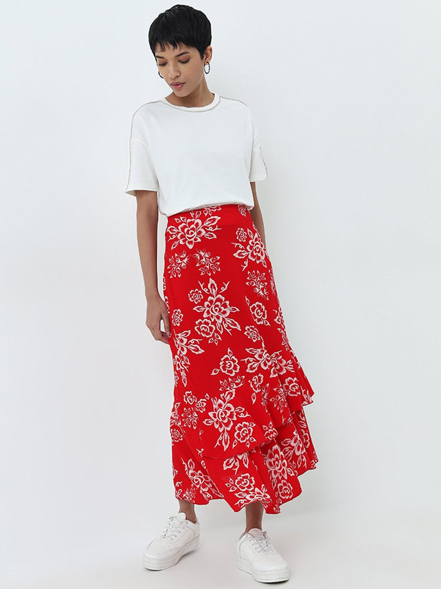 LOV by Westside Red Floral Printed Ruffled High-Rise Skirt