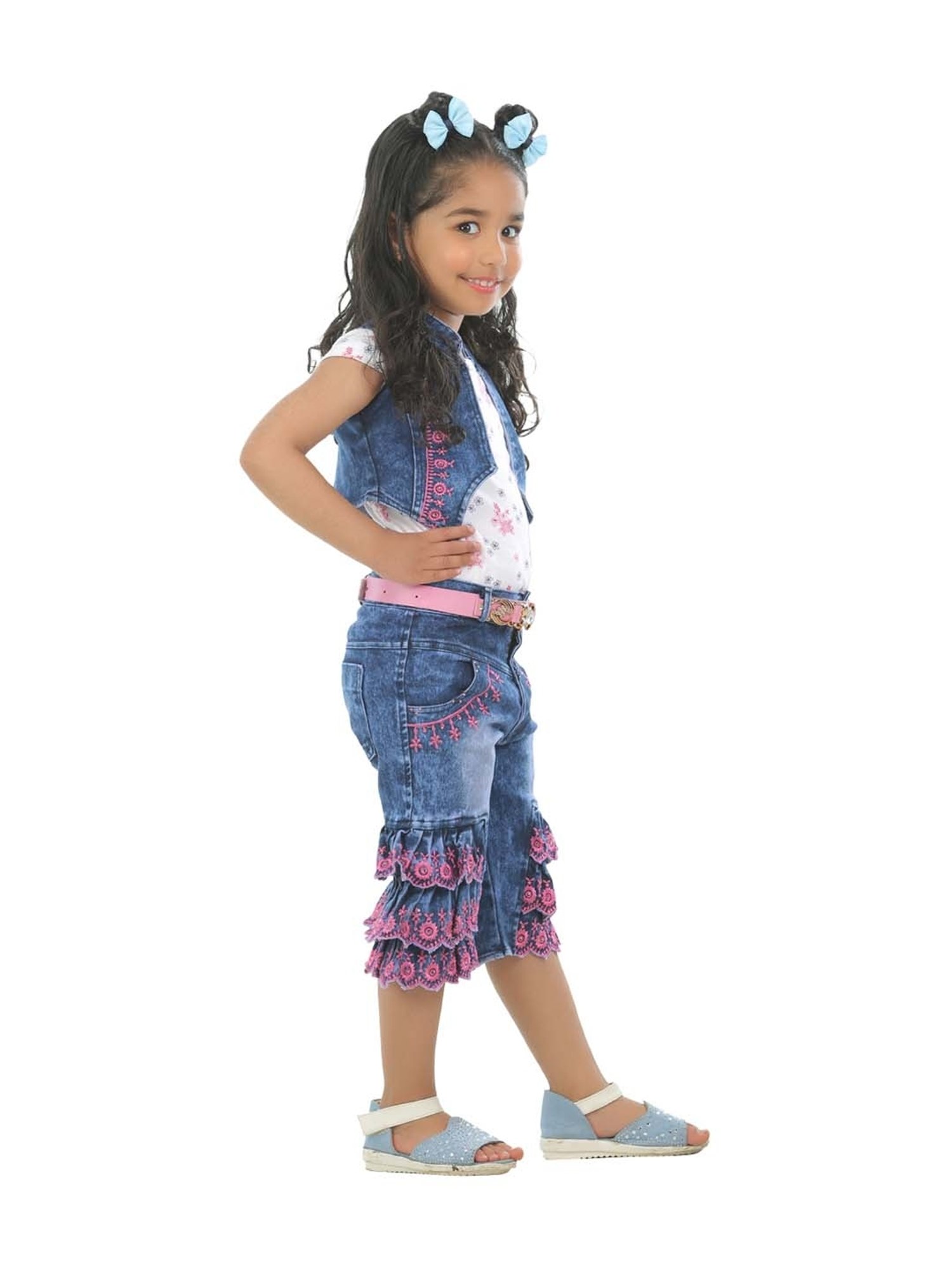 Ahhaaaa Kids White & Blue Floral Print Top Set