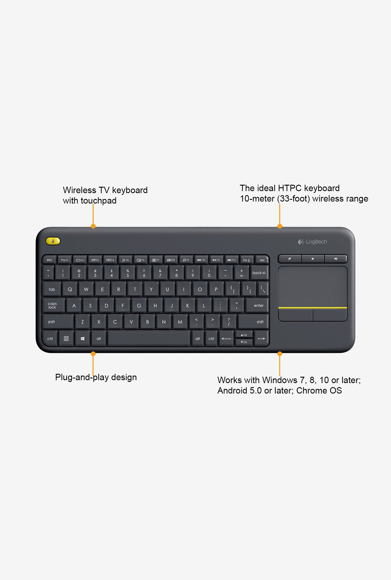 Logitech Wireless K400 Plus Touch Wireless Keyboard (Black)