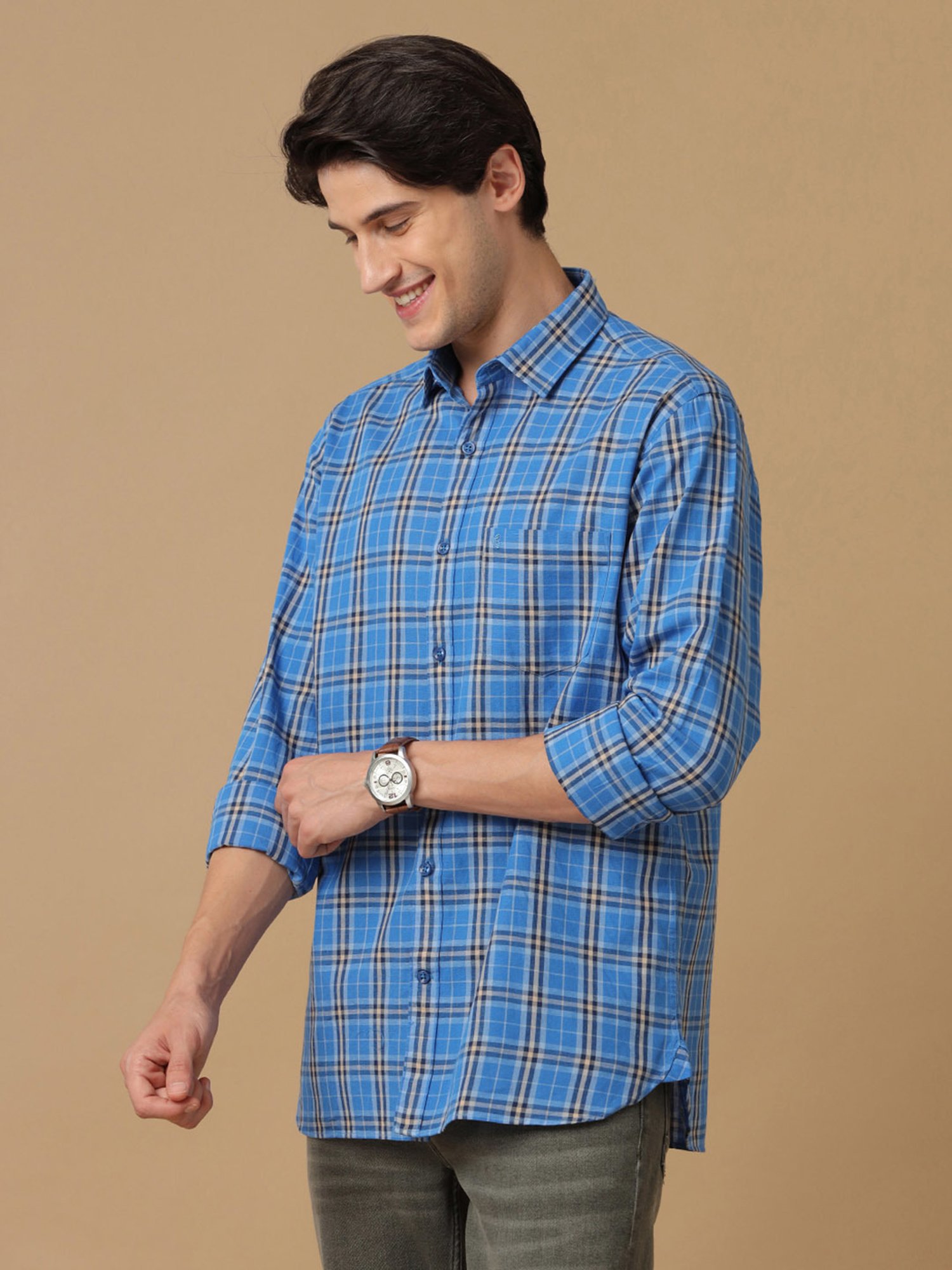 CAVALLO by Linen Club Blue Contemporary Fit Check Shirt